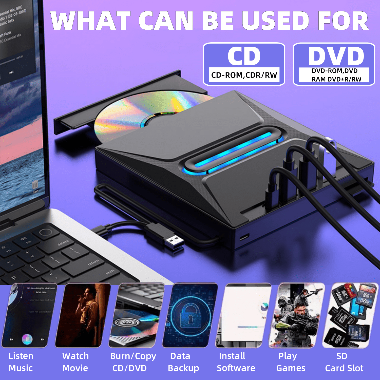 Ein schwarzes Gerät mit CD/DVD-Slot, Laptop und Symbolen für Musik, Filme, Software und Spiele.