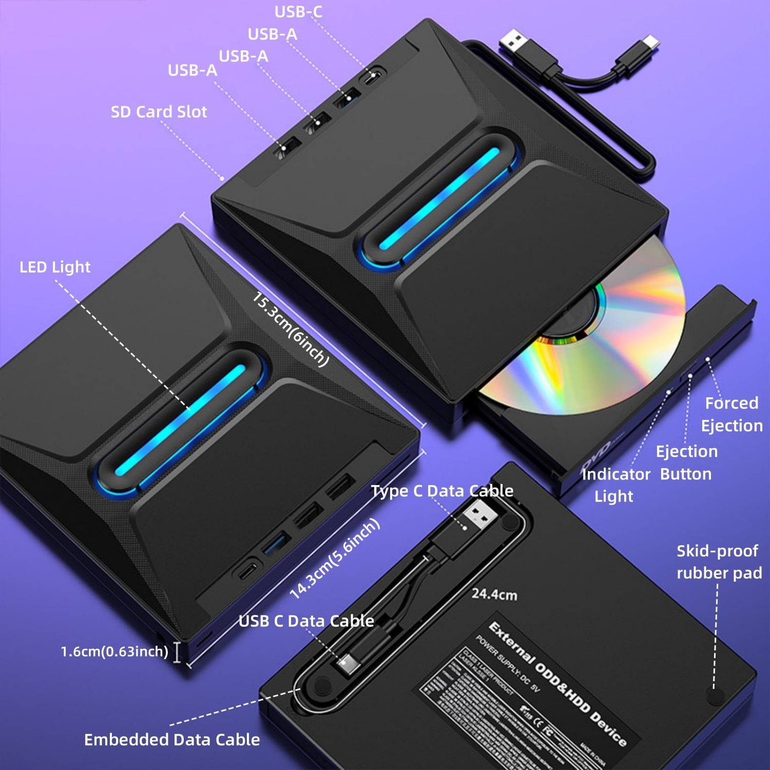 Schwarzes externes ODD & HDD-Gerät mit USB-Anschlüssen und CD/DVD-Laufwerk.