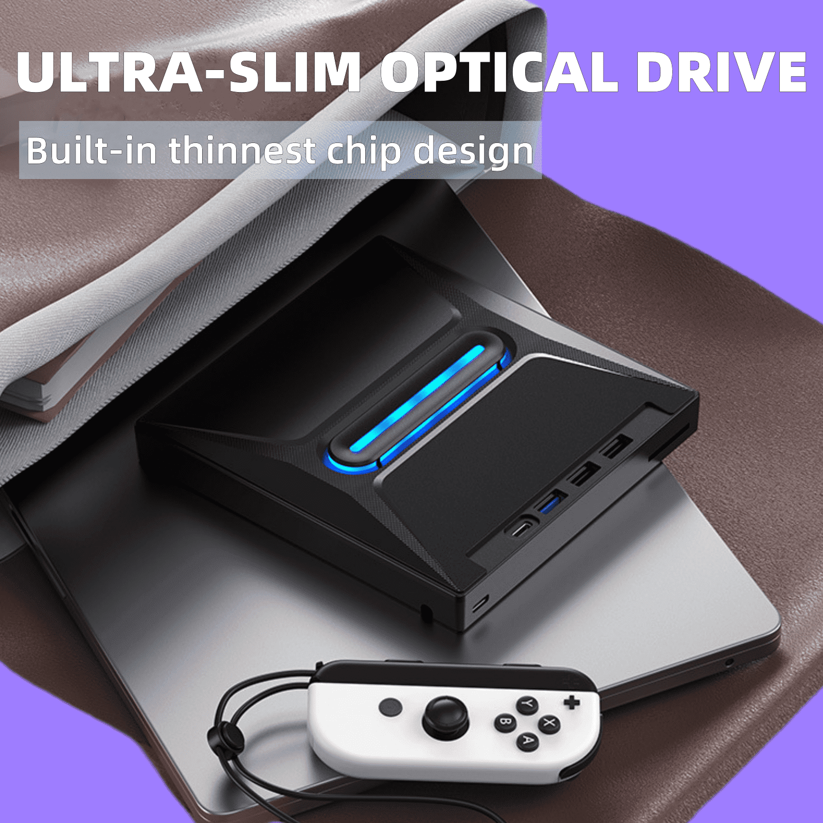 Schwarzes und blaues ultraflaches optisches Laufwerk, Controller und ein Laptop. Text: ULTRA-SLIM OPTICAL DRIVE.