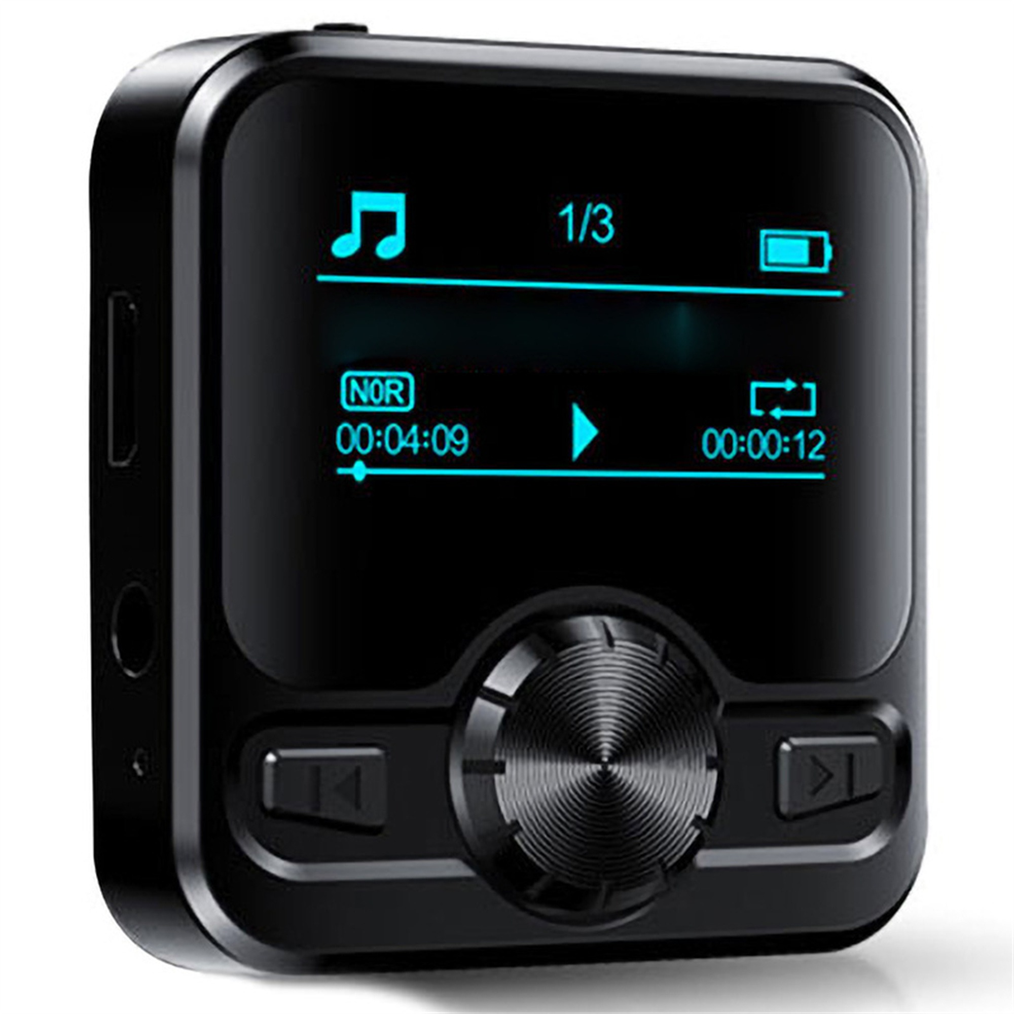 Schwarzer Bluetooth-Musikplayer mit Display, das Titelinfo und Wiedergabesteuerung anzeigt.