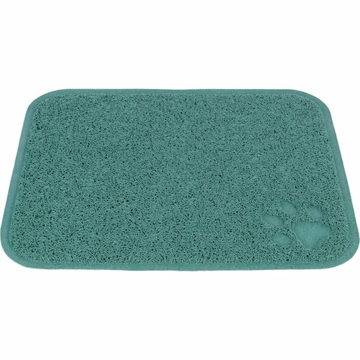 Tappetino per lettiera per gatti verde strutturato con design a zampa, su sfondo bianco.