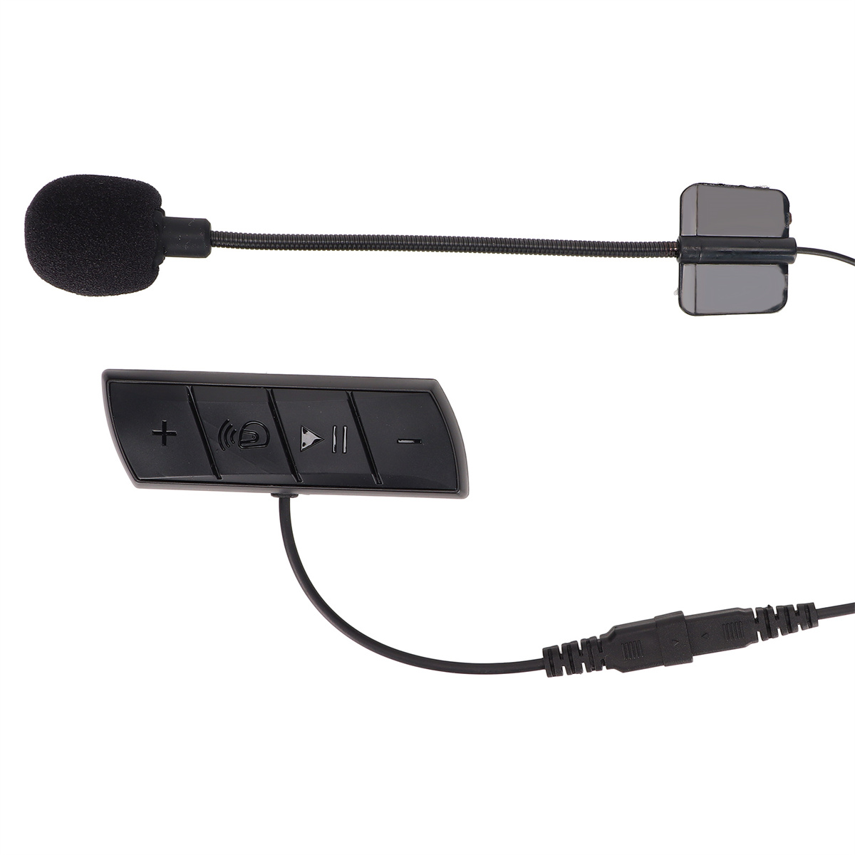 Mikrofon mit Bedienfeld an einem Kabel befestigt. Knöpfe umfassen Plus, Wiedergabe und Minus.