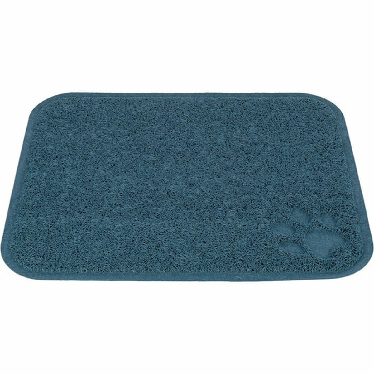 Alfombra azul para mascotas con una huella de pata. Es rectangular y tiene una superficie texturizada.