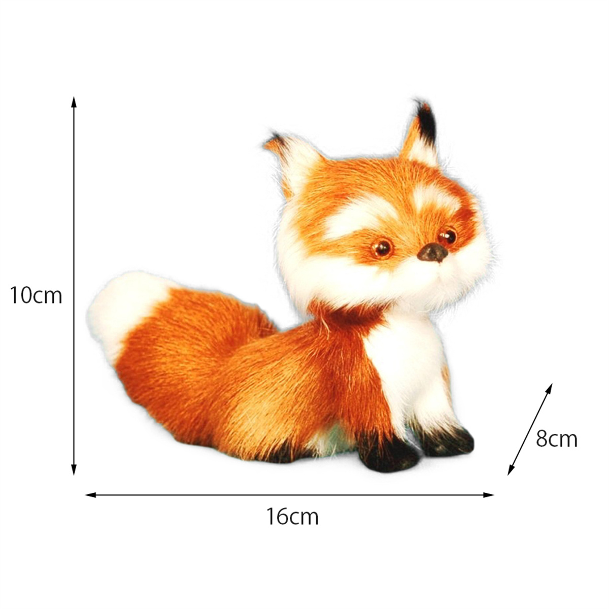 Ein kleines, orange-weißes Fuchspielzeug sitzt. Maße von 16 cm x 10 cm x 8 cm sind angegeben.