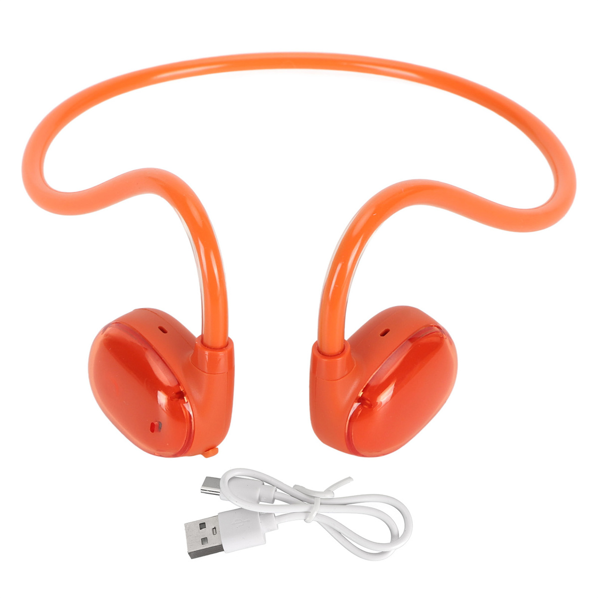 Orange Knochenschallkopfhörer mit einem USB-Kabel. Die Kopfhörer haben die Form eines U.