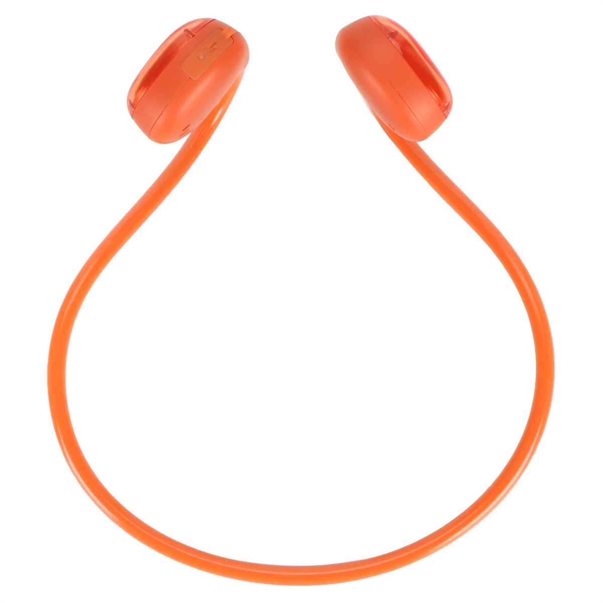 Oranger Nackenbügel-Kopfhörer. Zwei Ohrstücke sind mit einem orangefarbenen Band verbunden.