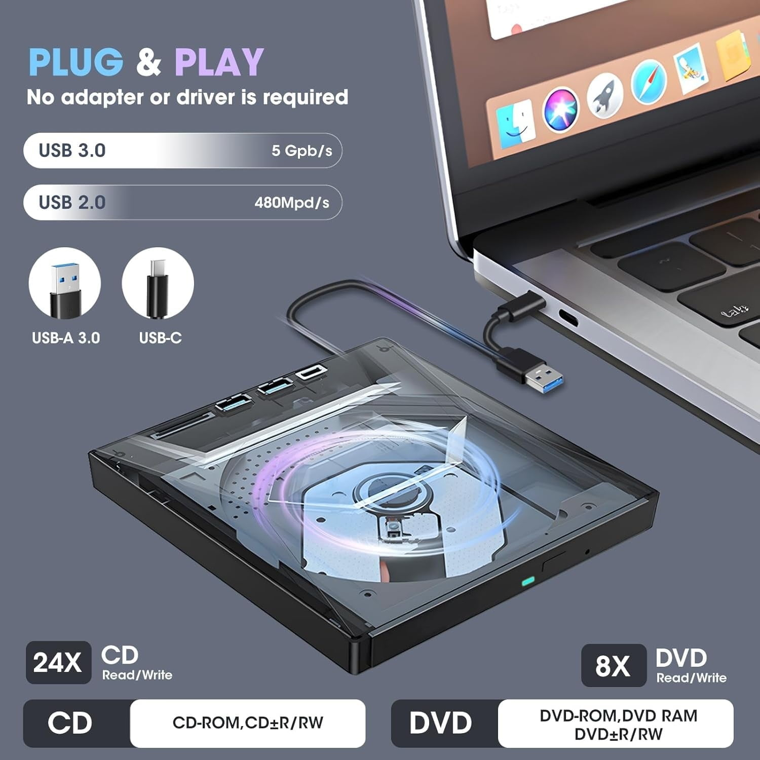 Ein schwarzes externes DVD-Laufwerk mit einem USB-Kabel, das an einen Laptop angeschlossen ist. Enthält Text über USB 3.0- und USB 2.0-Geschwindigkeiten.