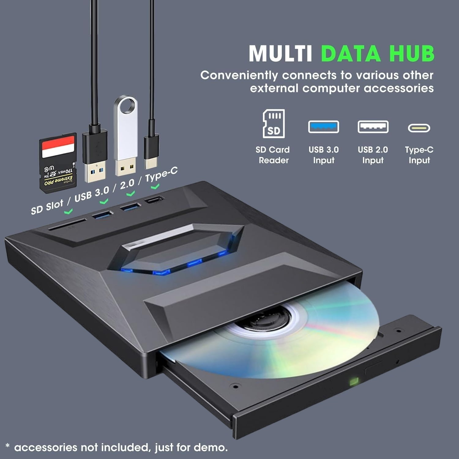 Ein Multi-Daten-Hub mit SD-Kartenleser, USB 3.0/2.0 und Typ-C-Eingängen.
