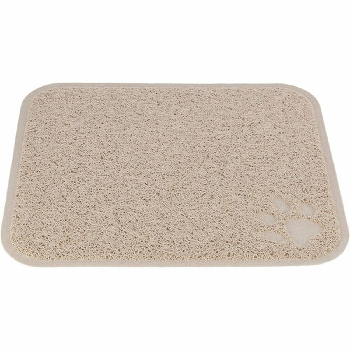 Tappetino beige per animali domestici con un'impronta di zampa. Ha un bordo beige chiaro.