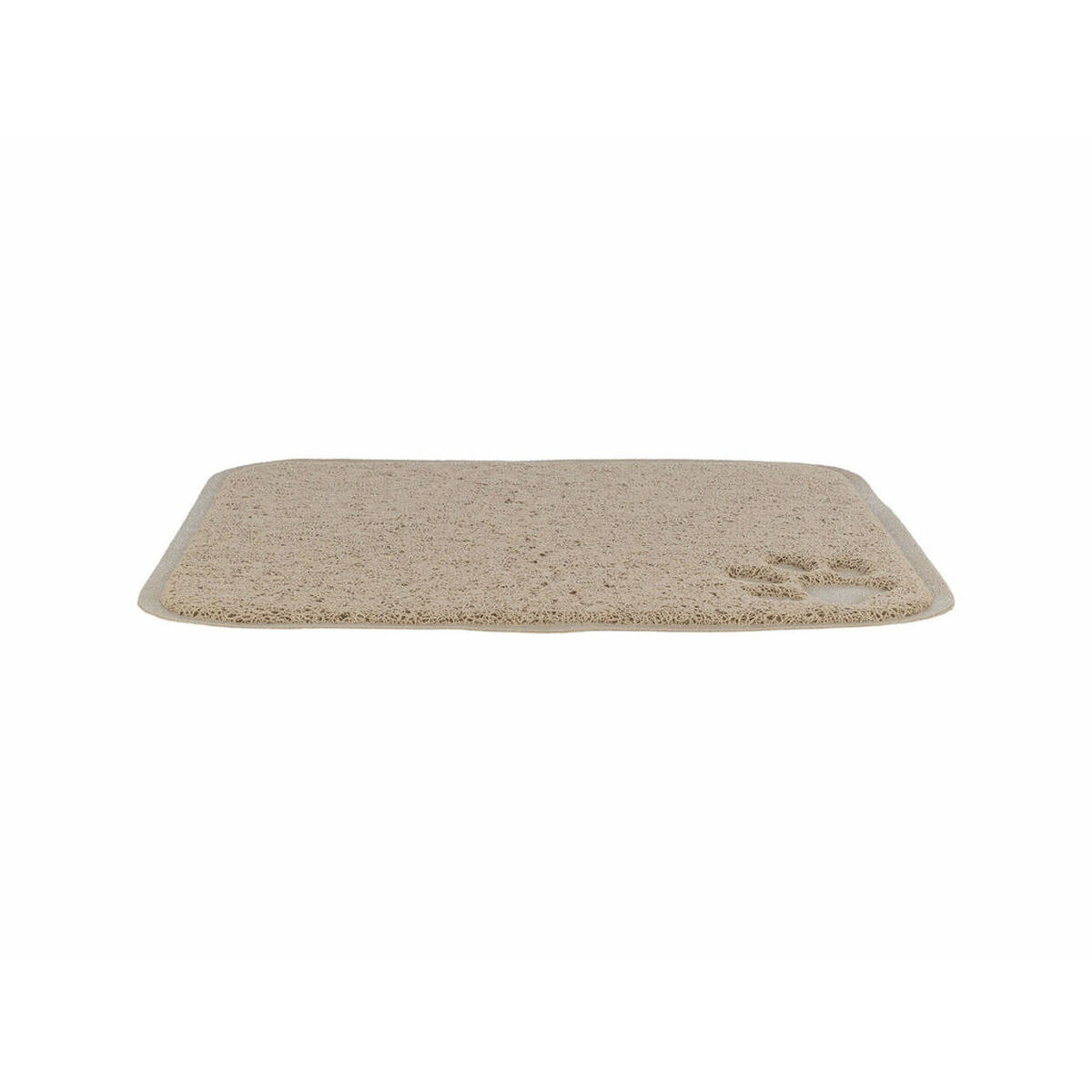 Un tappetino beige rettangolare per gatti con impronte di zampe, su sfondo bianco.