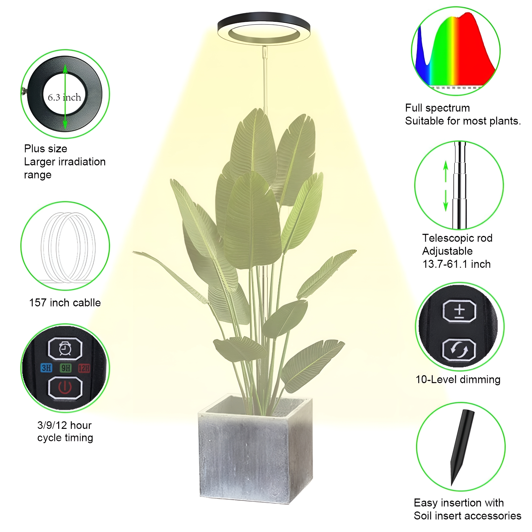 Eine Pflanze mit großen Blättern unter einer Pflanzenlampe, mit Bedienfeld und Funktionen.