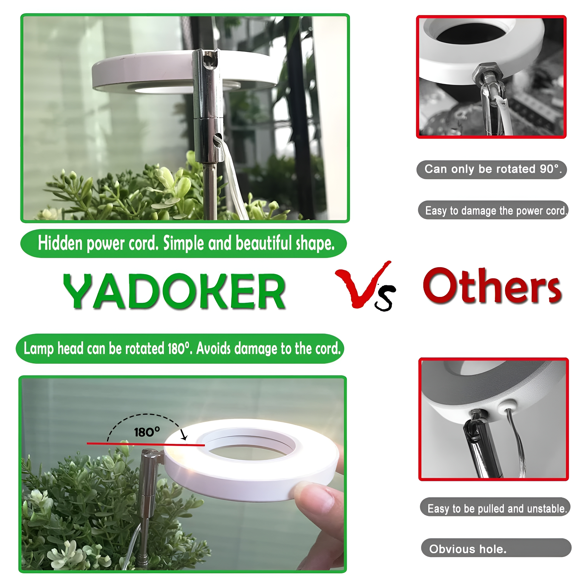 Produktvergleich: YADOKER-Lampe vs. Andere. Zeigt Unterschiede in Funktionen und Design.