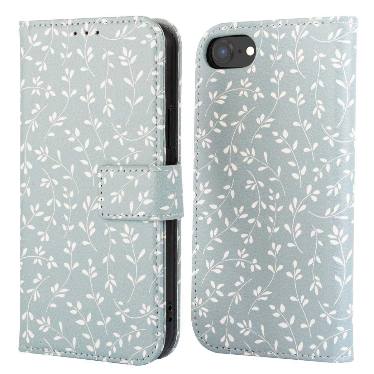 Blauwe telefoonhoes met een bloemenpatroon, open en dicht, met de camera van de telefoon zichtbaar.