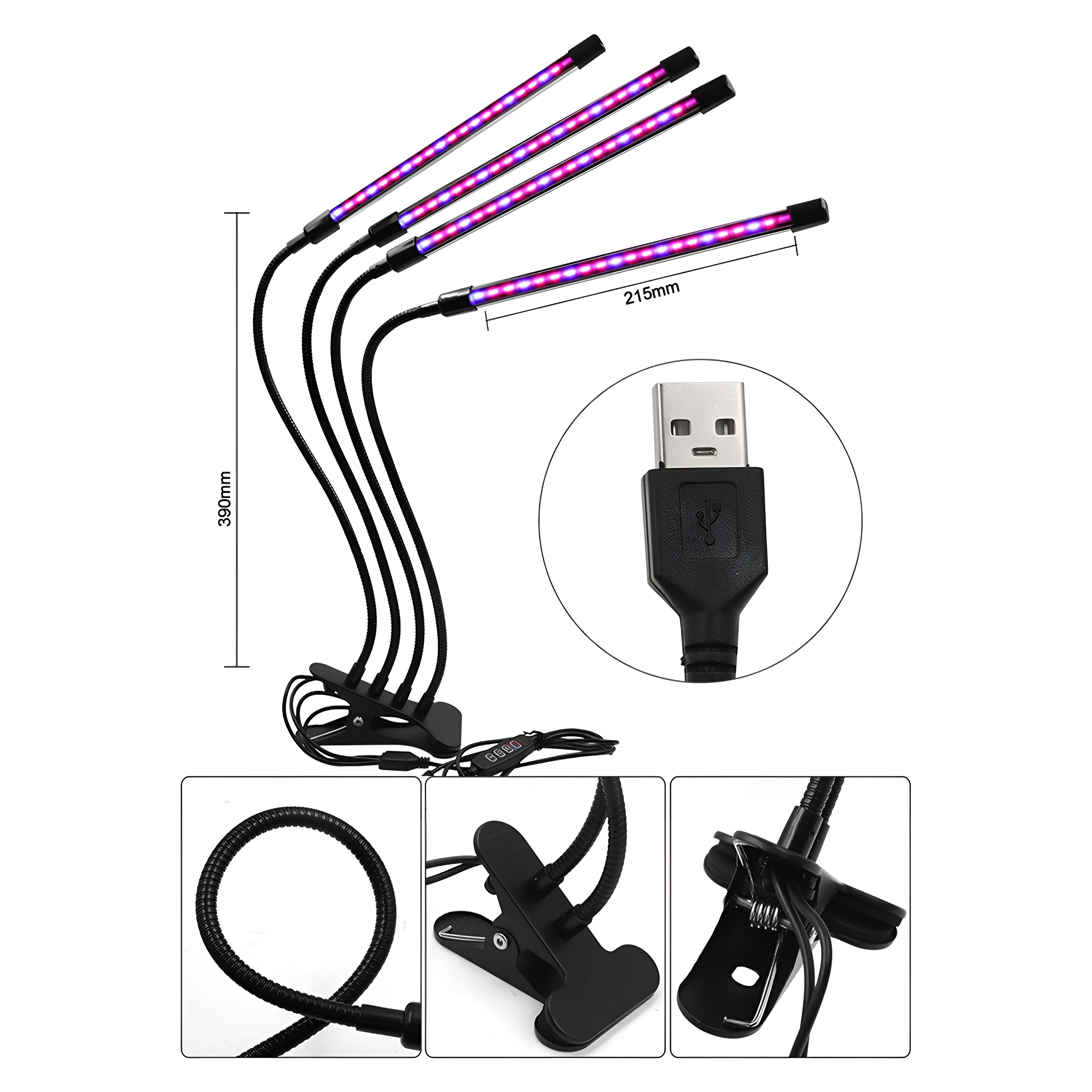 Wachstumslichter mit vier verstellbaren Köpfen. Lila und rote Lichter. USB-Anschluss. Nahaufnahme der Clips.