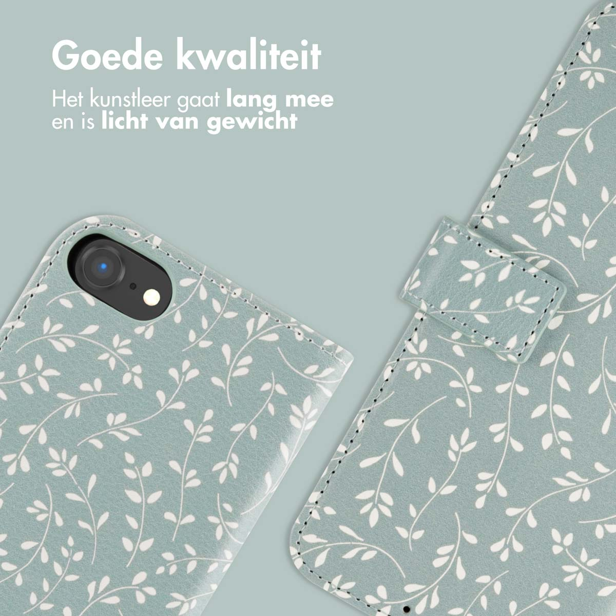 Een telefoonhoesje met een open bladpatroon, met een lichtgroene kleur met witte bladeren.