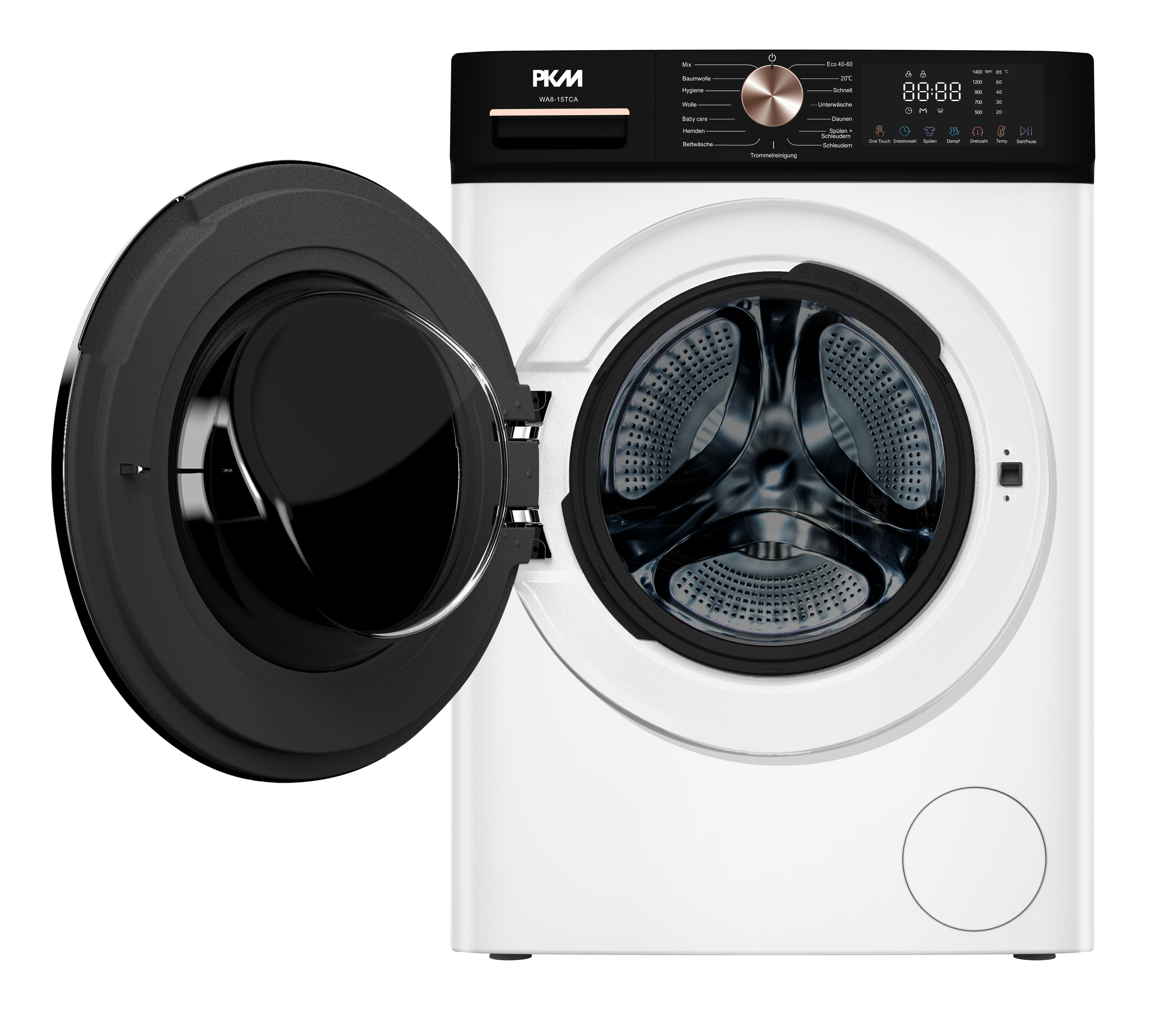 Weiße Waschmaschine mit offener Tür. Schwarze Details und Bedienelemente sichtbar.