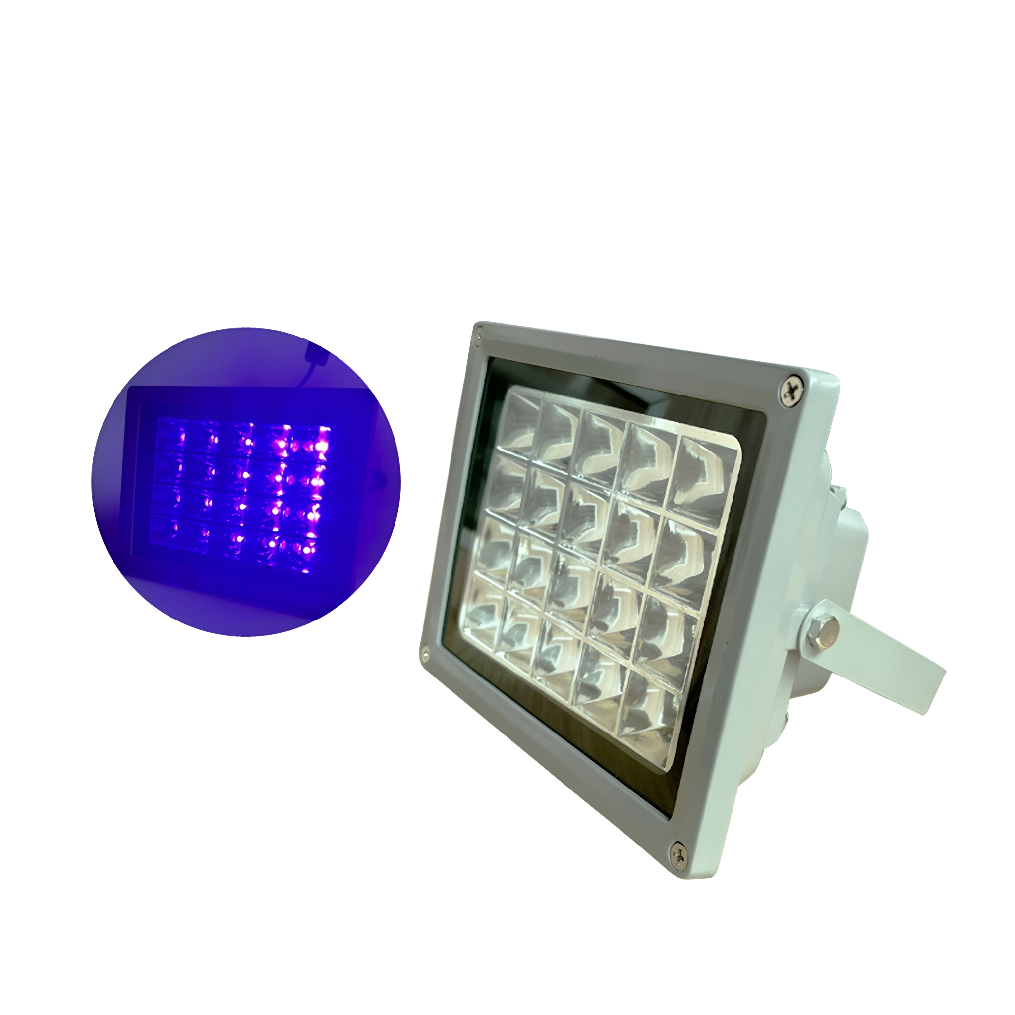 Ein quadratisches LED-Licht mit lila Licht, neben einer Nahaufnahme der LEDs des Lichts.