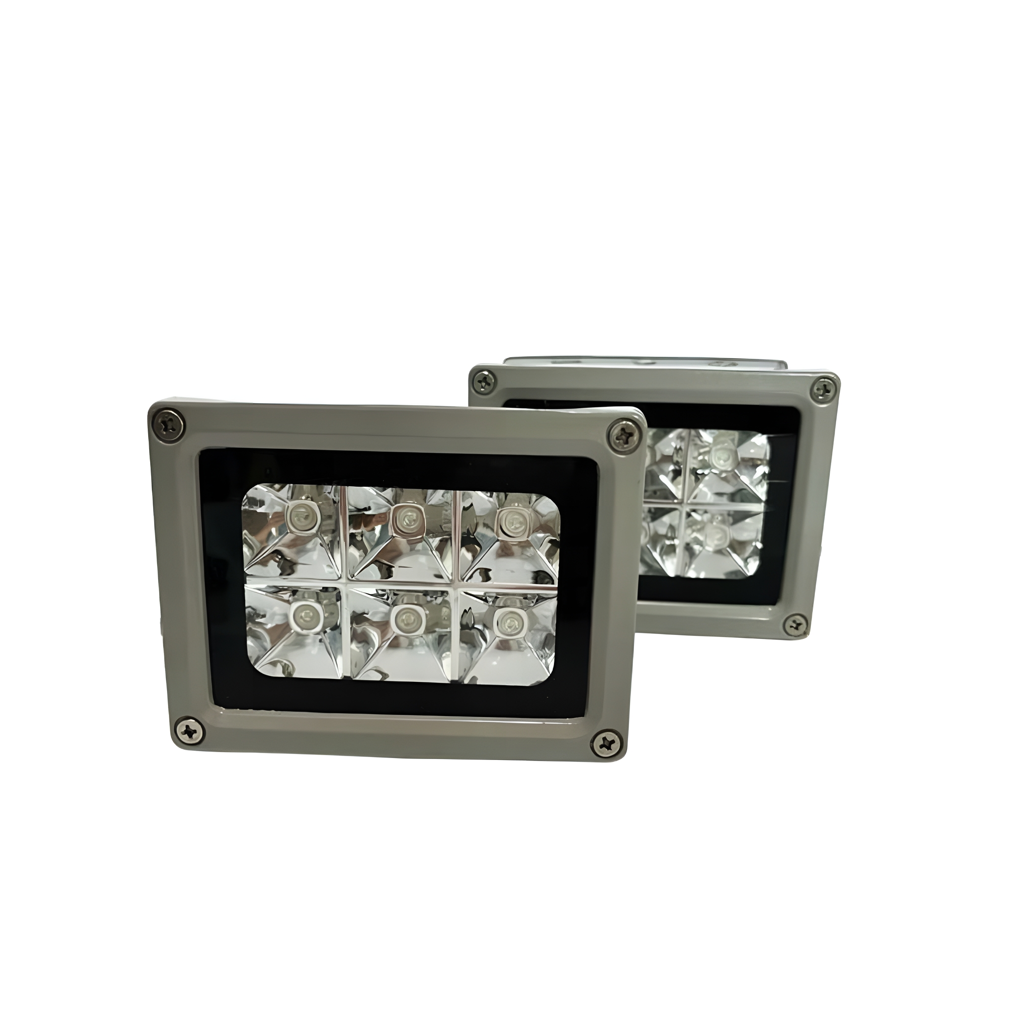 Zwei graue LED-Leuchten. Jede hat 6 LEDs. Schwarze Rahmen. Schrauben sichtbar.