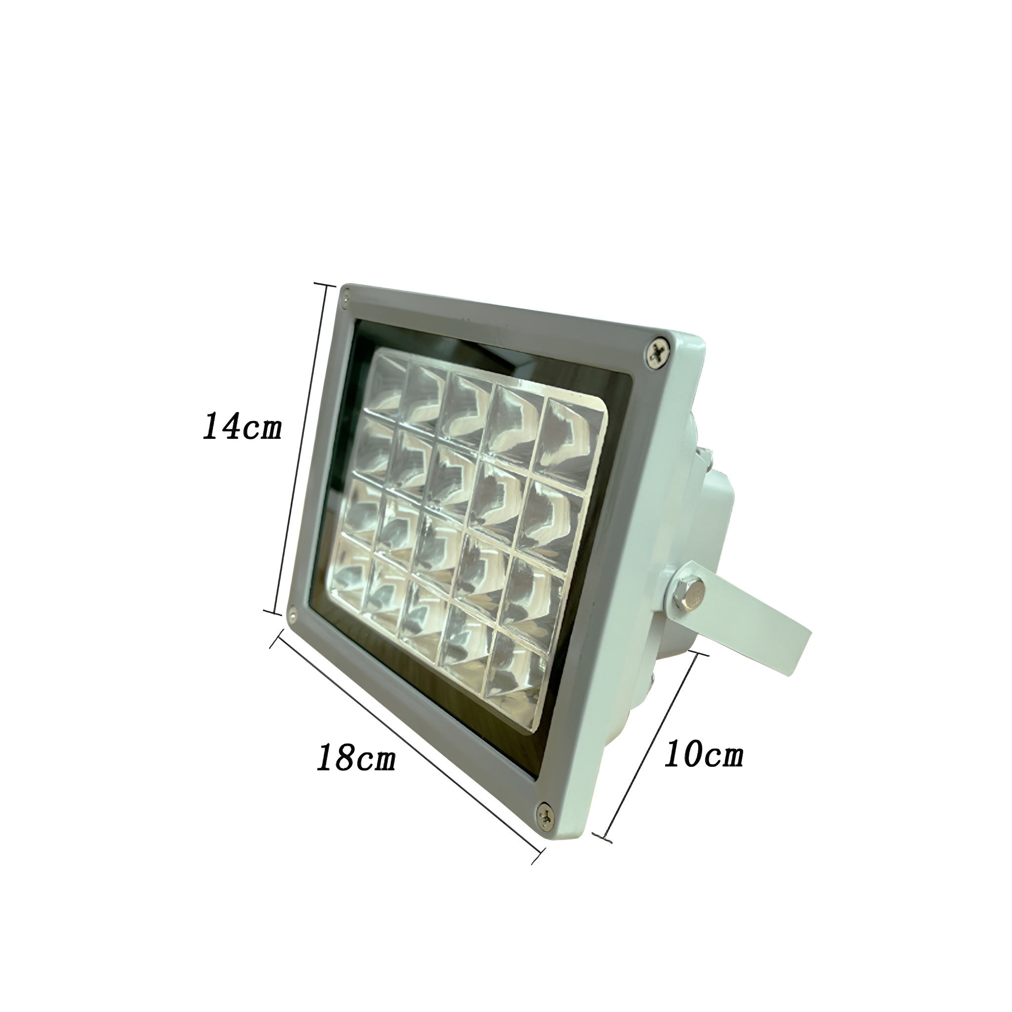 Quadratischer LED-Strahler mit Abmessungen: 18x14x10 cm. Grauer Rahmen.
