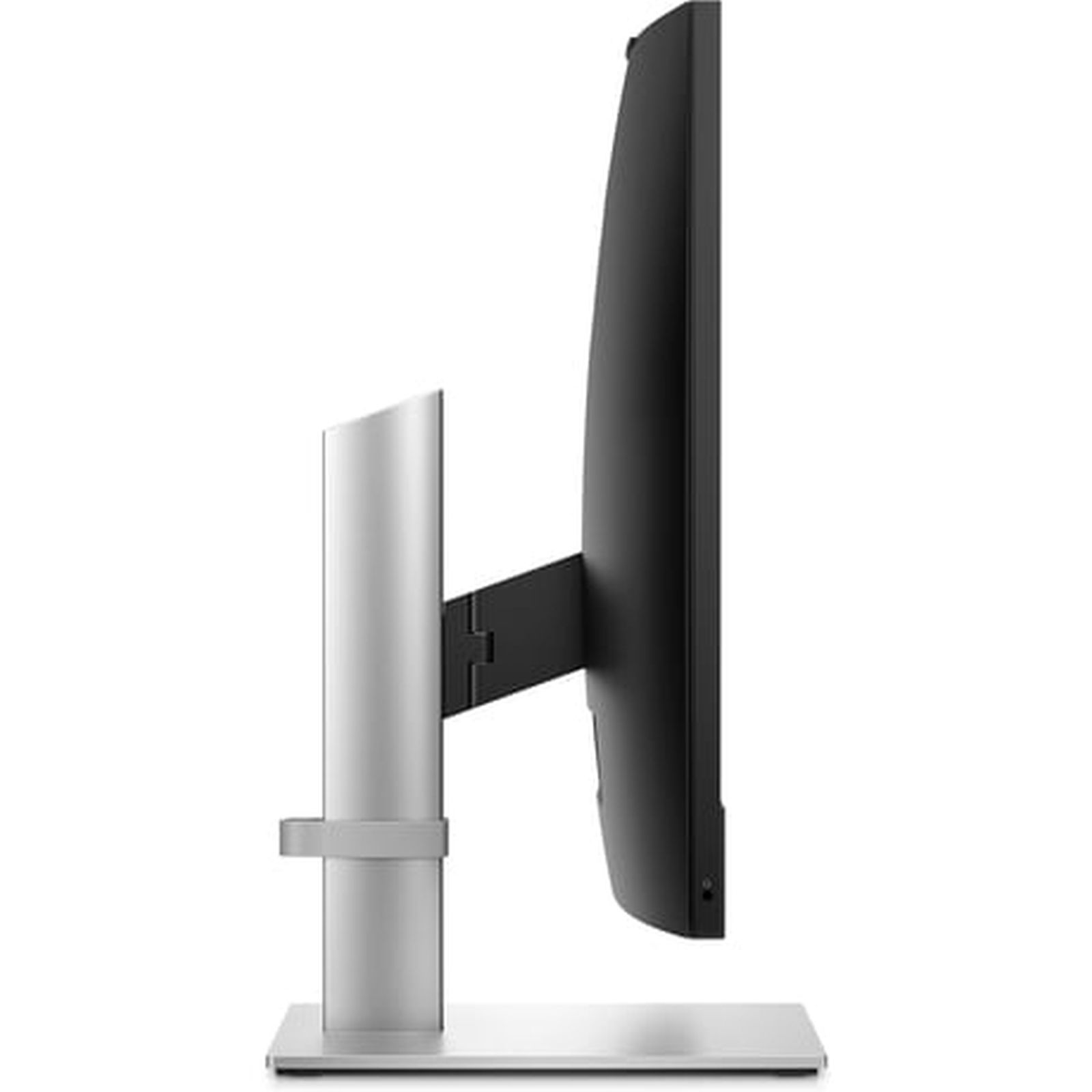 Widok z boku monitora komputera na srebrnej podstawie. Ekran jest czarny.