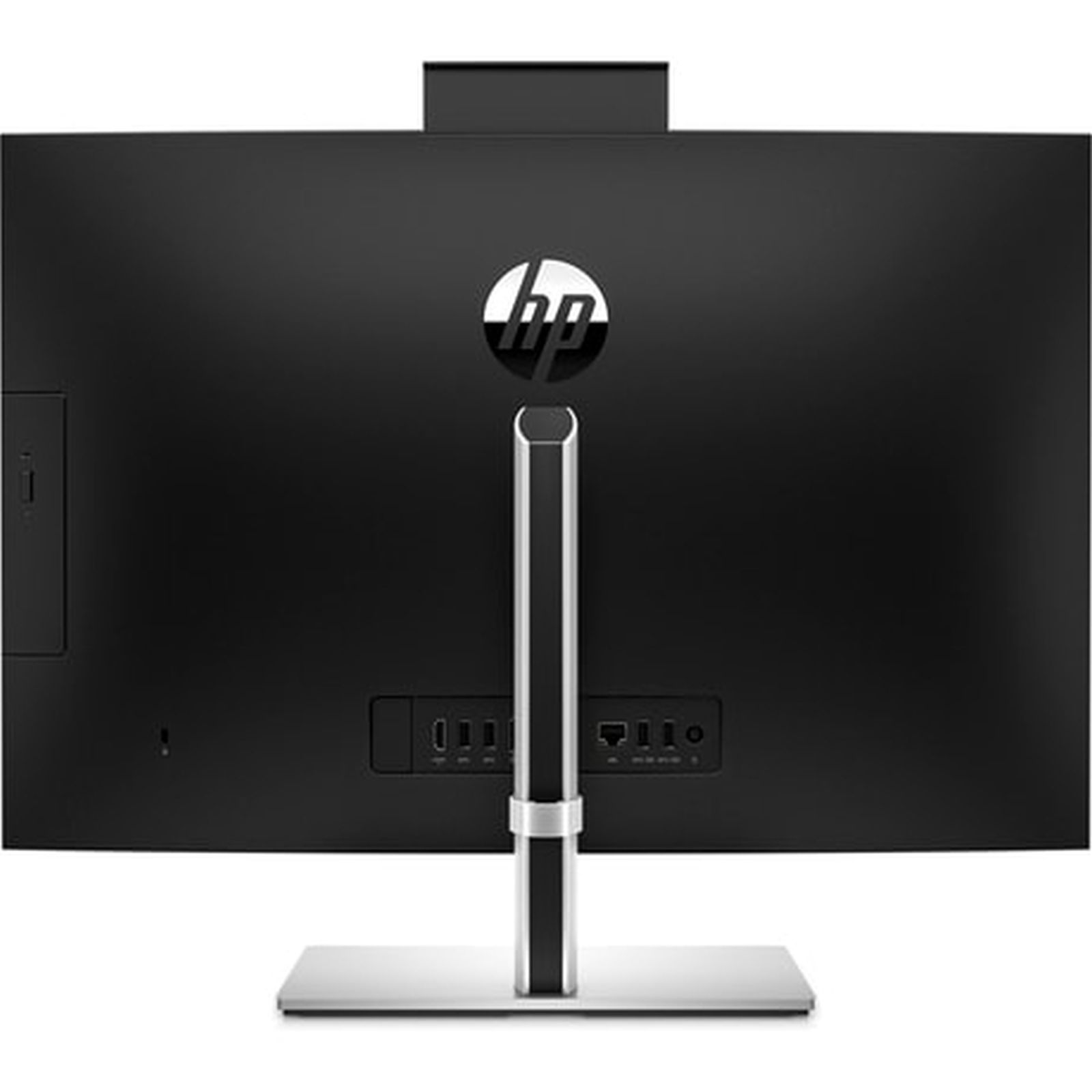 Tył czarnego komputera HP all-in-one.