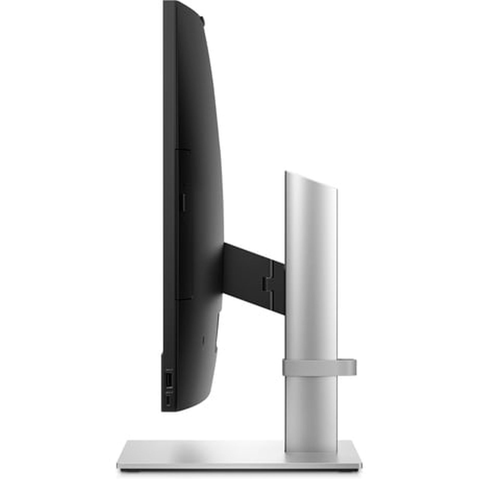 Widok z boku czarnego monitora komputera ze srebrną podstawą.