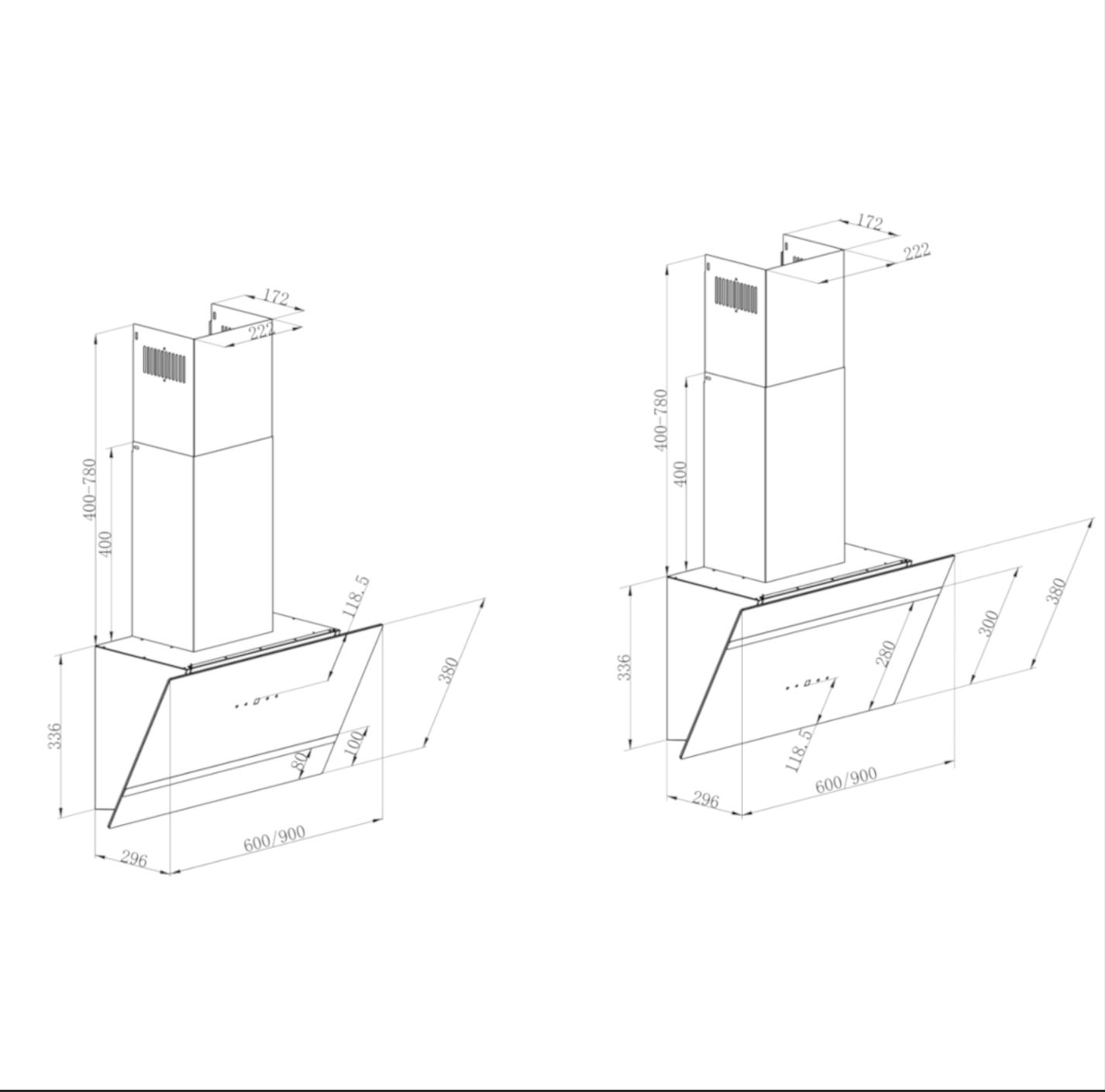 Technische Zeichnungen von zwei Dunstabzugshauben mit Maßen in Millimetern. Die Hauben sind weiß mit Glasfront.