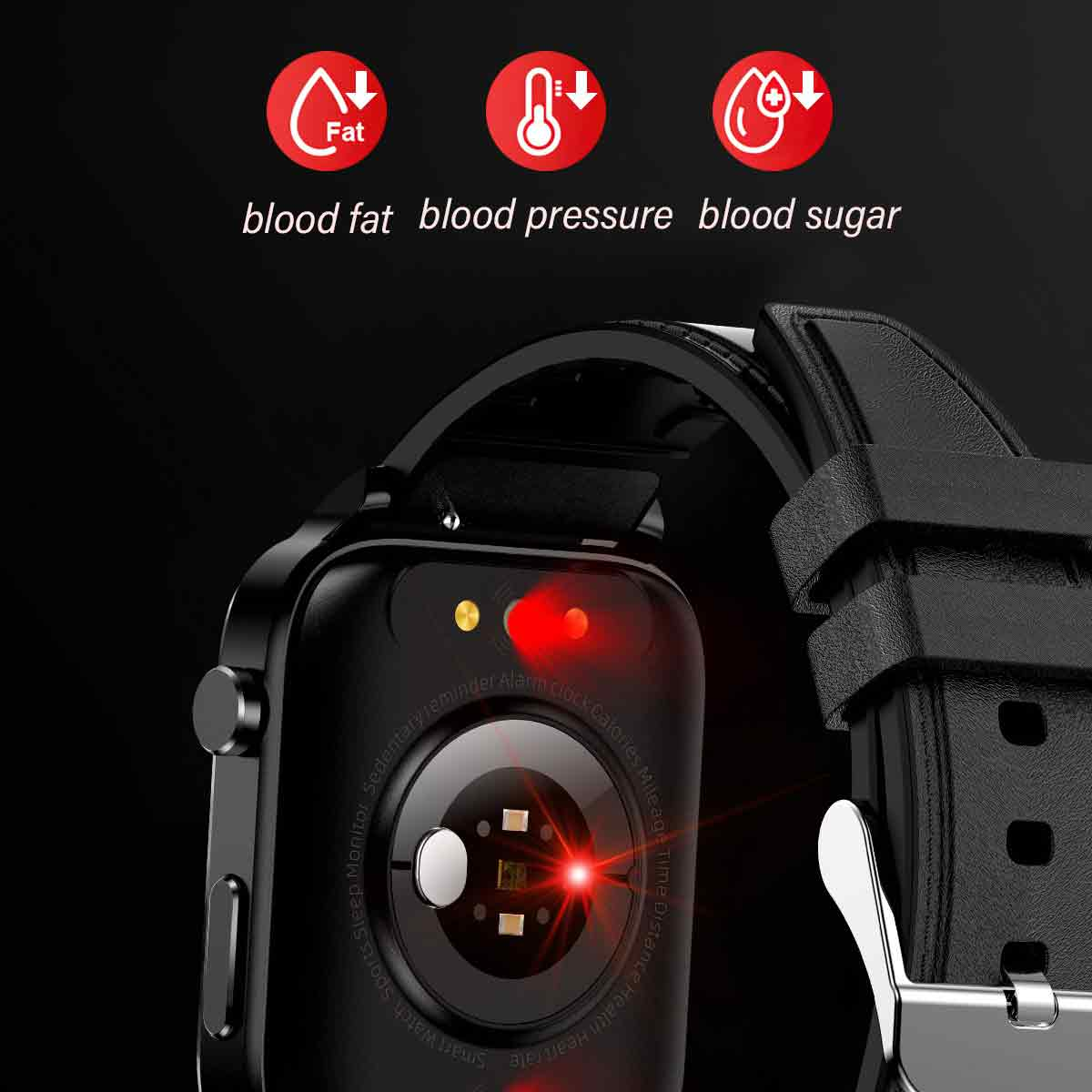 Eine schwarze Smartwatch mit Symbolen für Blutfett, Blutdruck und Blutzucker.
