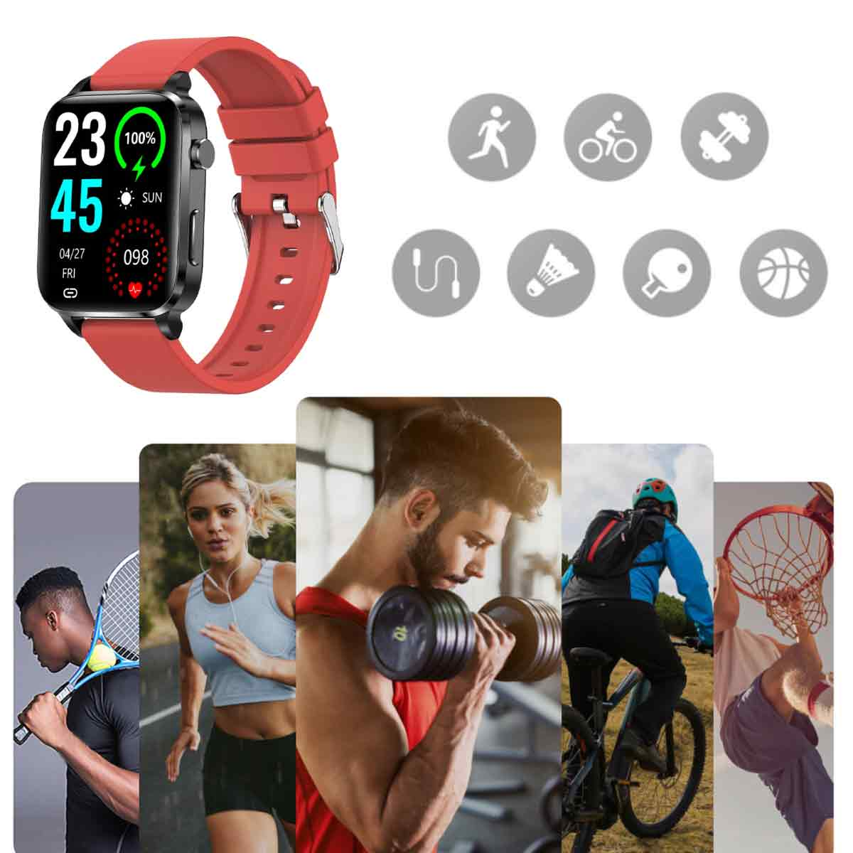 Rote Smartwatch mit rotem Armband. Zeigt Zeit und Gesundheitsmetriken an. Sport- und Personensymbole.