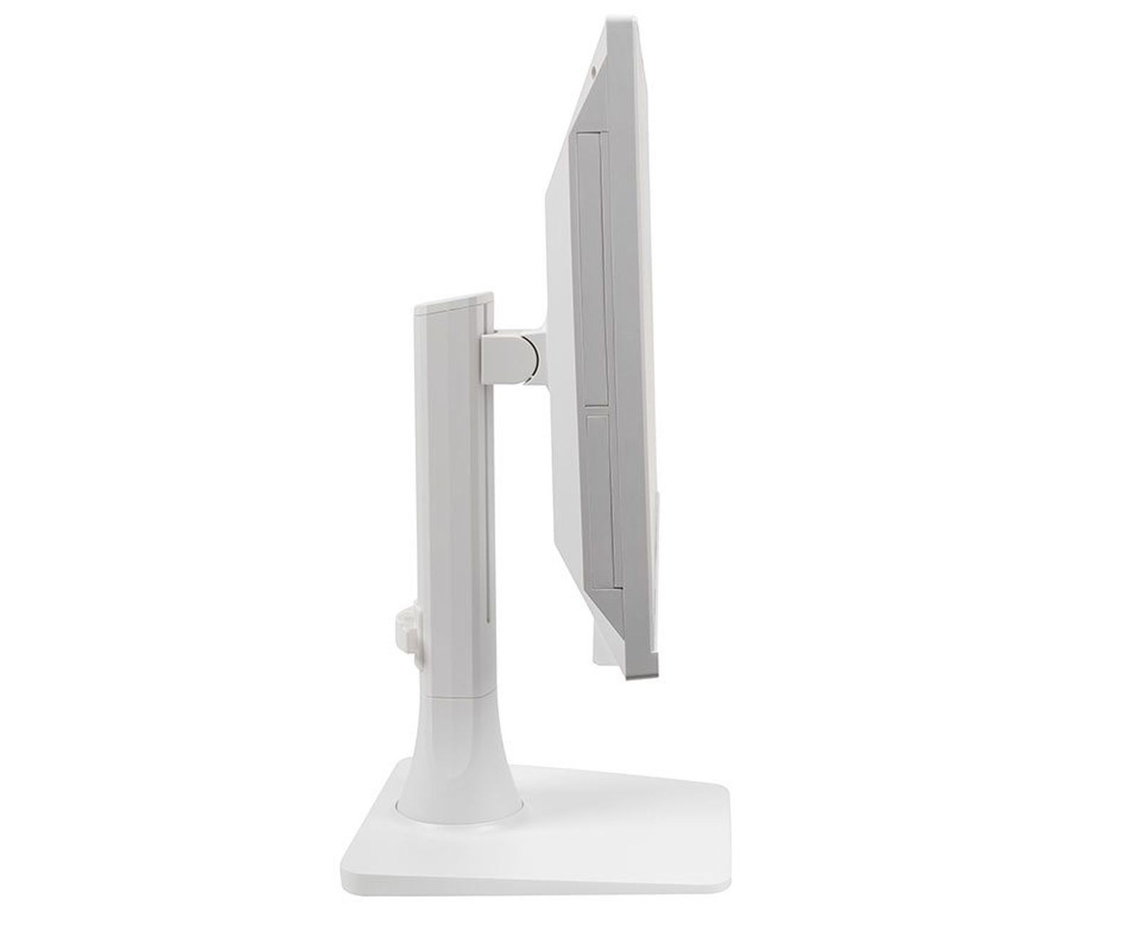 Widok z boku białego monitora komputerowego na białej podstawce, odizolowanego na białym tle.