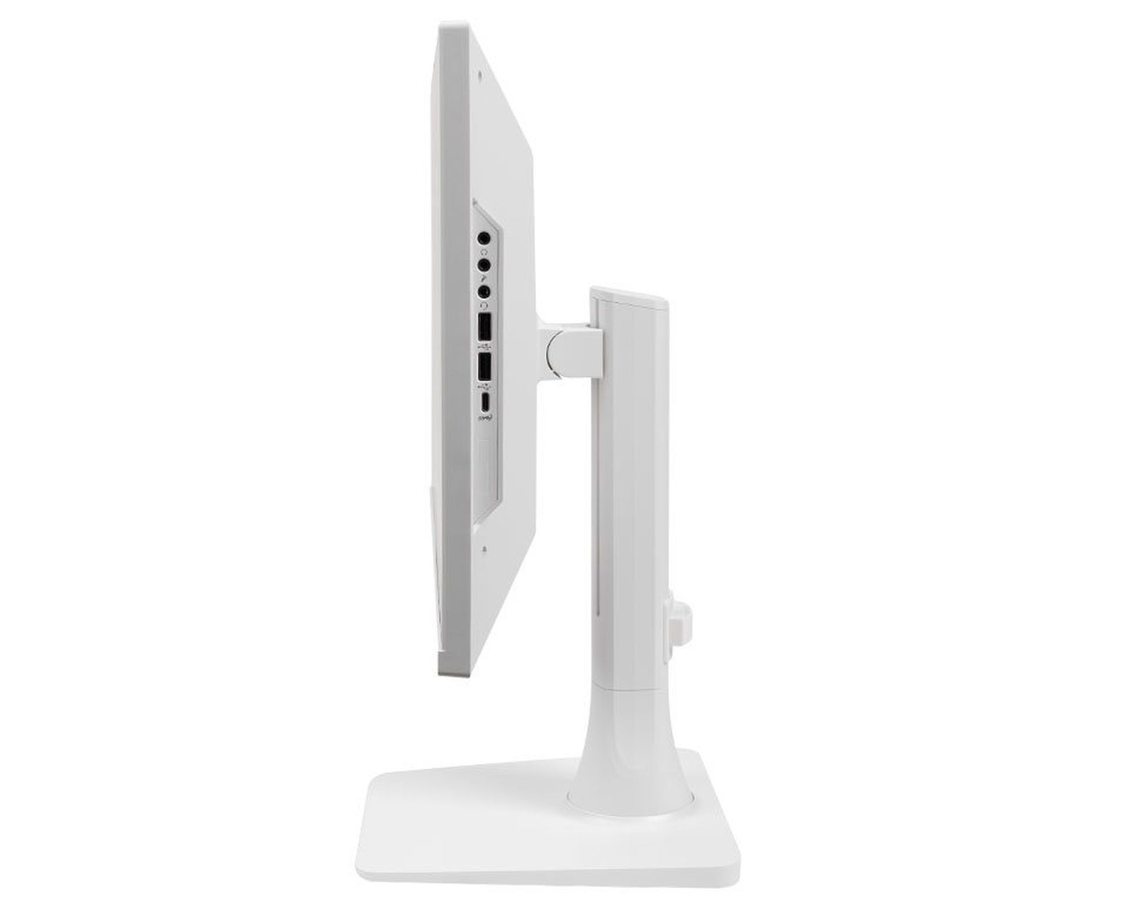 Biały monitor komputera, widok z boku, z widocznymi portami z tyłu. Stojak również jest biały.