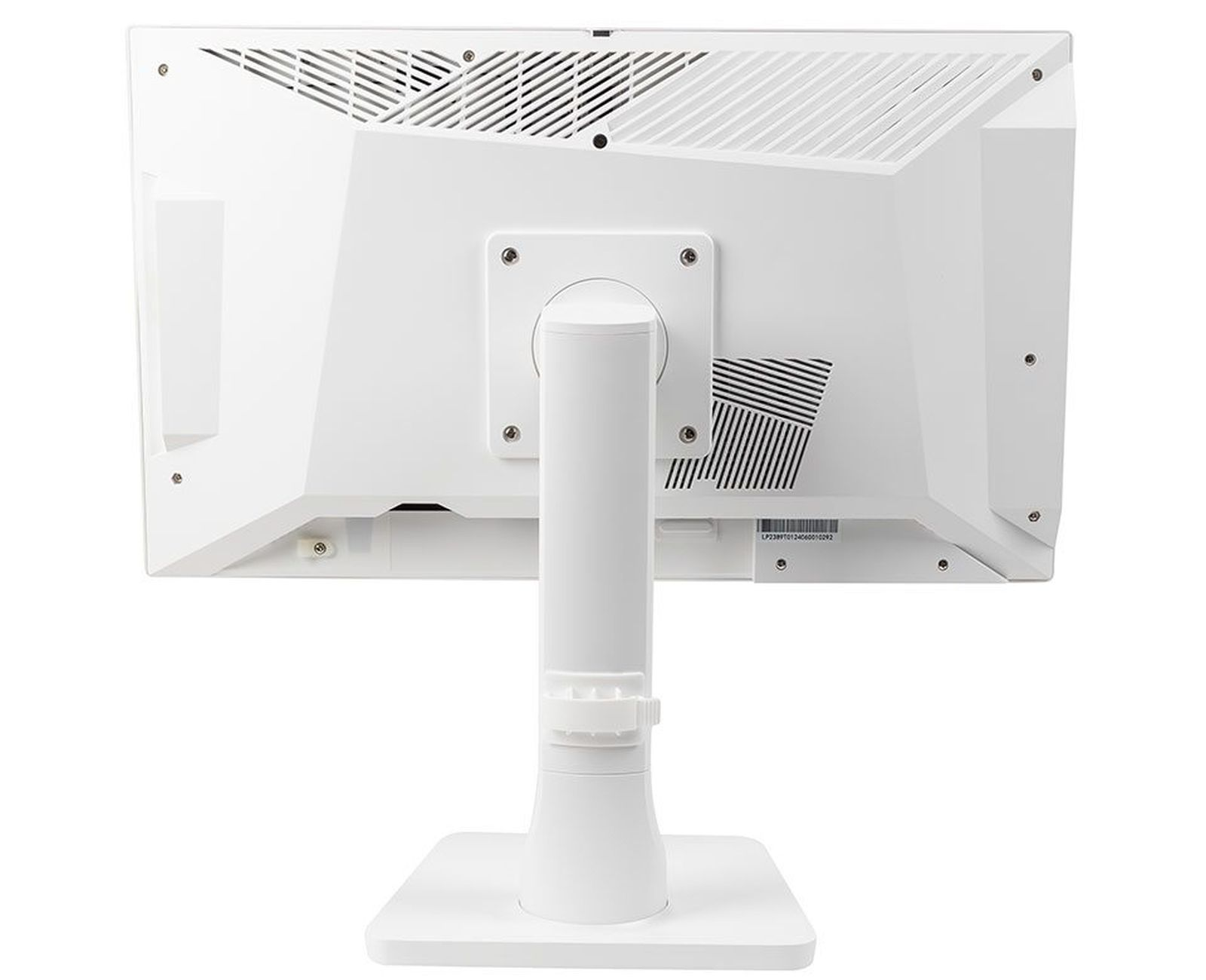 Tył białego monitora komputerowego ze stojakiem. Białe tło.