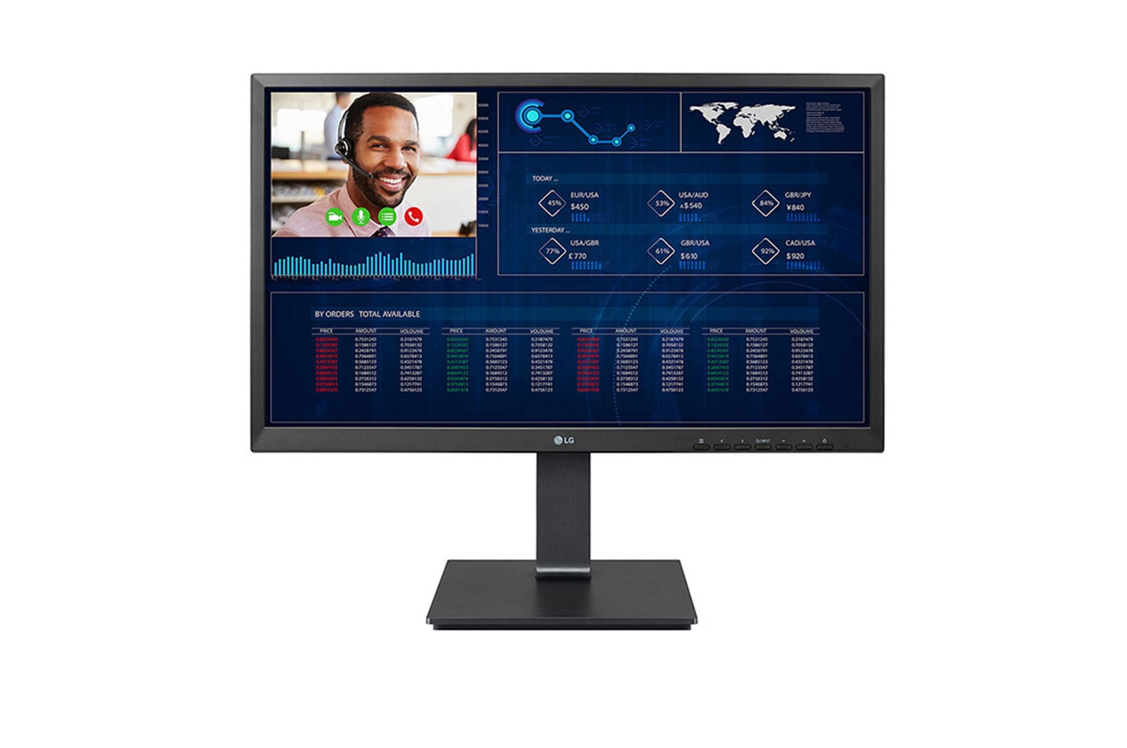 Un monitor LG mostra una videochiamata e grafici di dati su sfondo bianco.