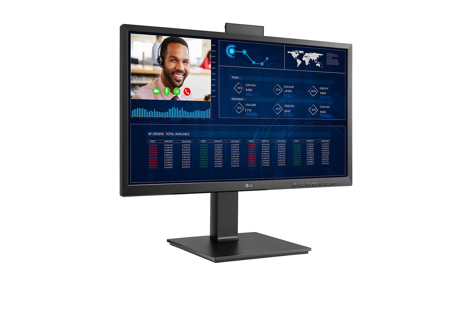 Monitor LG che mostra una videochiamata e grafici di dati. Supporto e cornice neri.