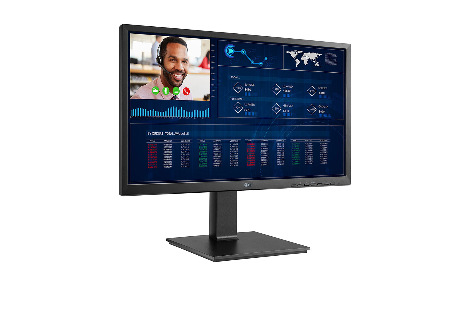 Un monitor LG che mostra una videochiamata e grafici di dati. Il monitor è su un supporto nero.