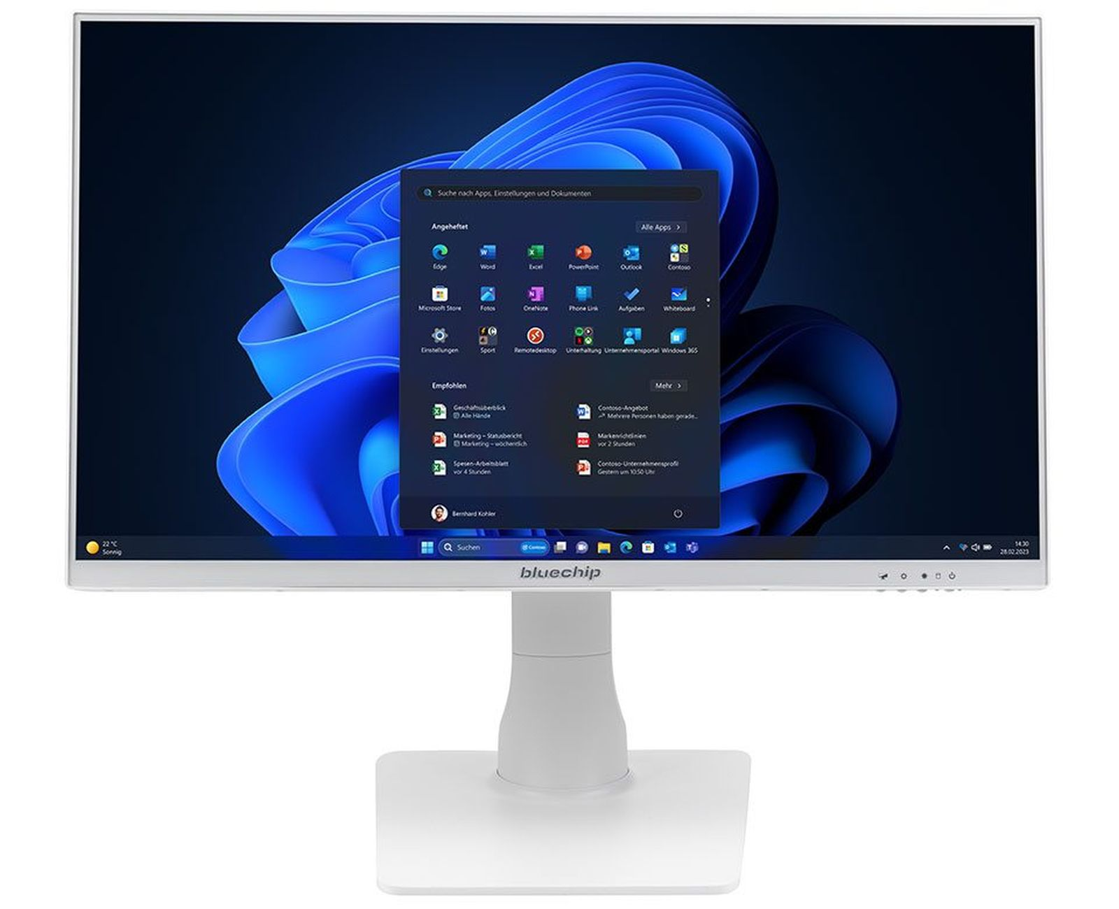 Biały monitor Bluechip, pokazujący ekran Windows z niebieskim tłem kwiatowym.