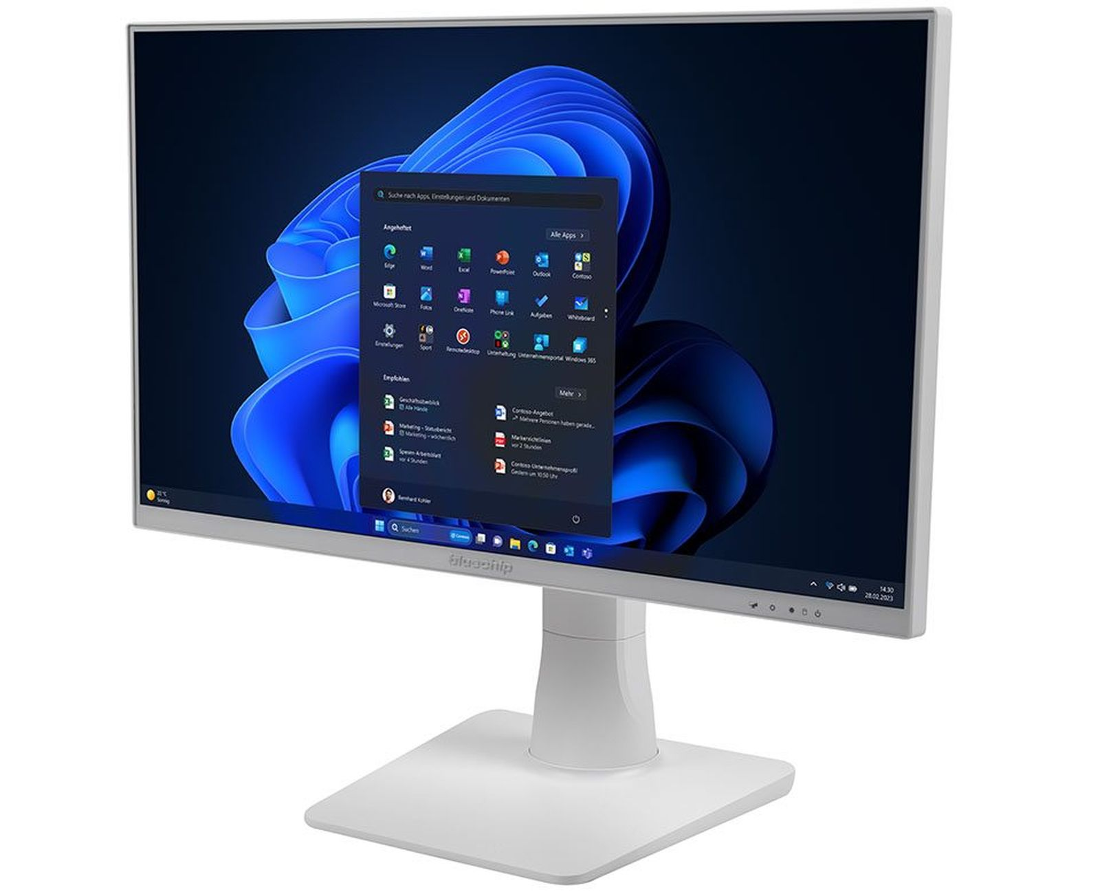 Biały monitor wyświetlający interfejs Windows 11. Biała podstawka.