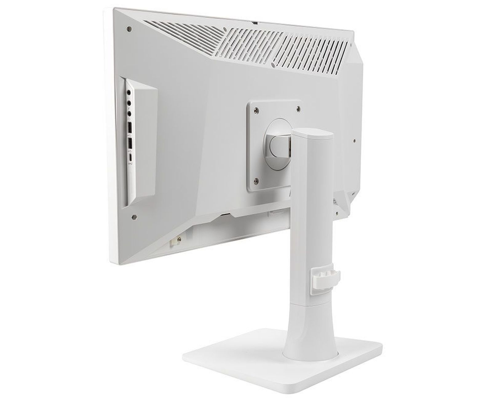 Tył białego monitora. Widoczny stojak, porty i otwory wentylacyjne.