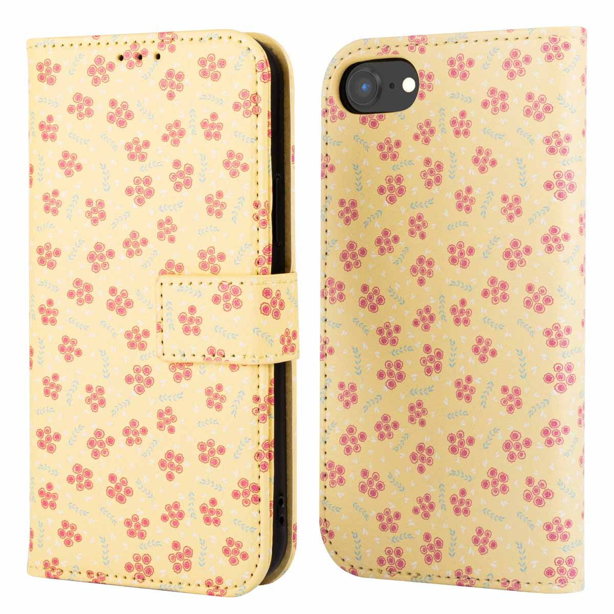 Un étui de téléphone jaune avec un motif floral. L'étui est ouvert, avec un téléphone visible à l'intérieur.
