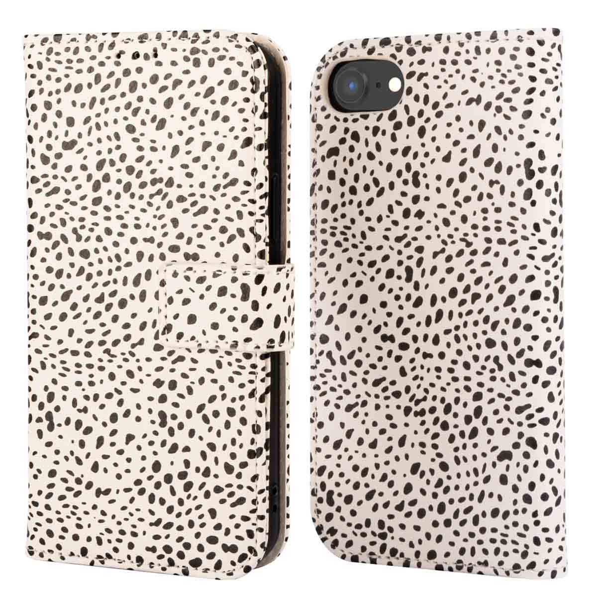 Smartphonehoes, wit met zwarte onregelmatige stippen, open en dicht.