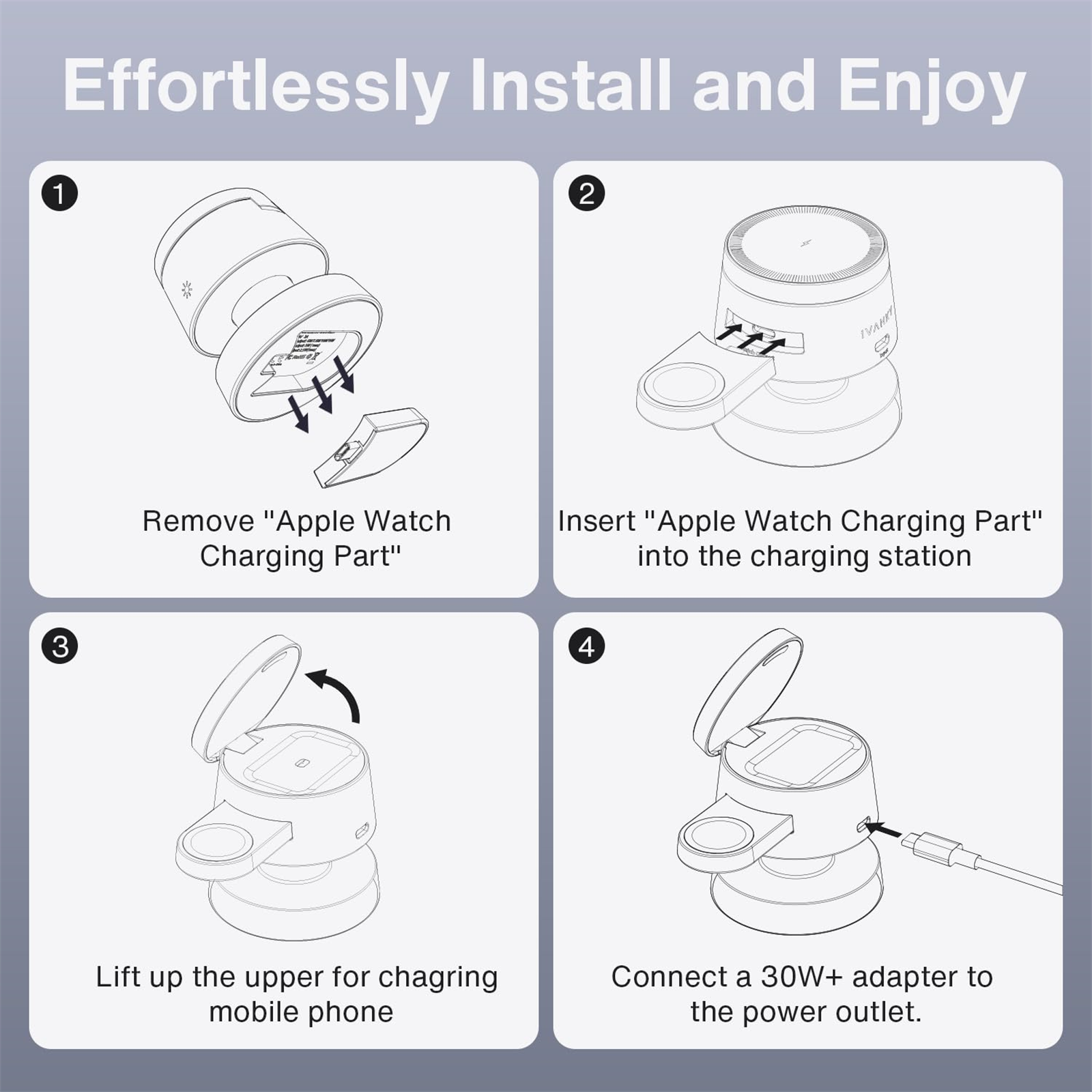 Schritt-für-Schritt-Anleitung zur Installation eines Apple Watch-Ladeteils in einer Ladestation.