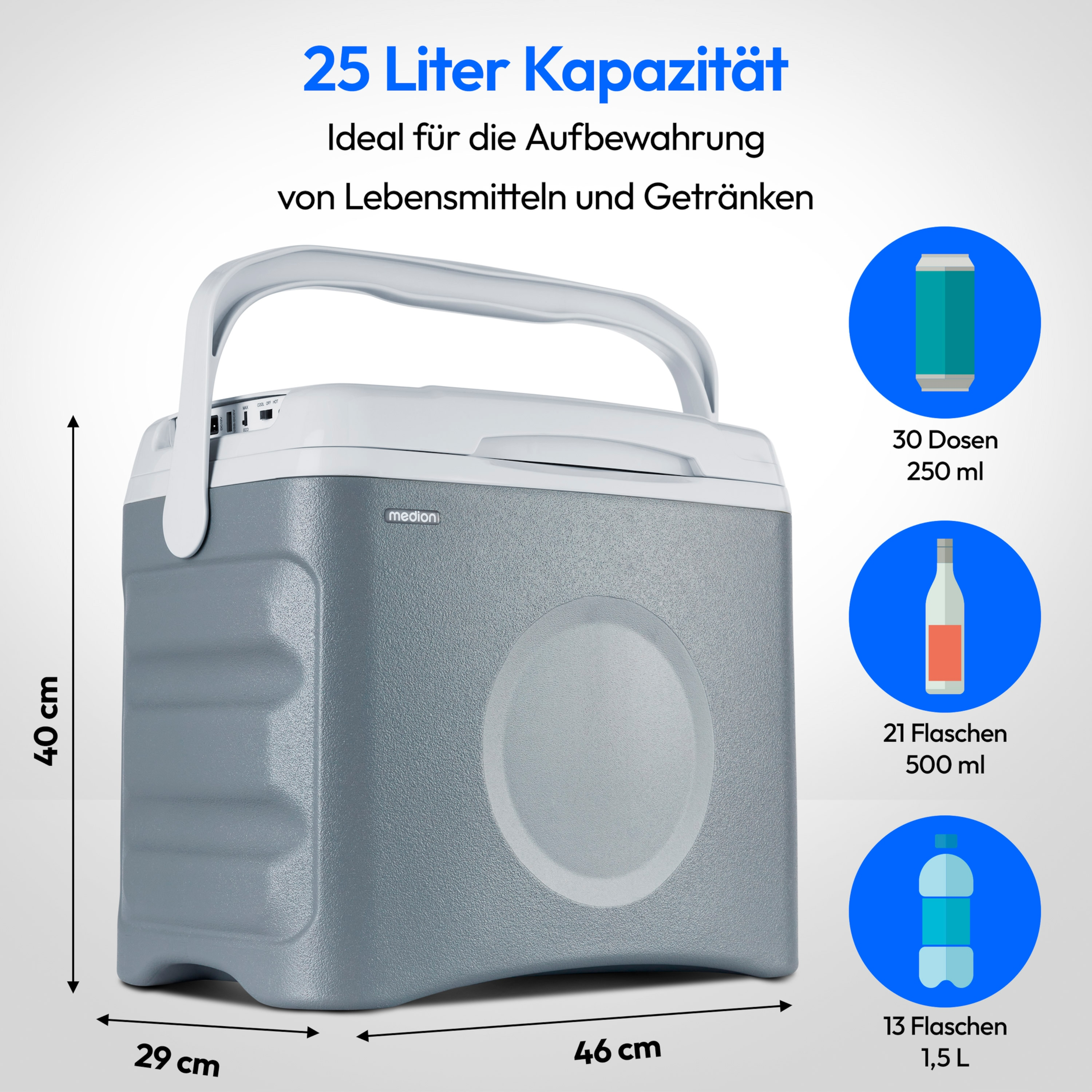 Eine graue Kühlbox mit weißem Griff und Abmessungen. Drei Illustrationen zeigen Getränkemengen.