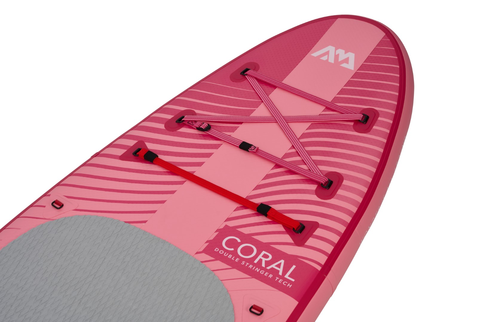 Ein rosa und weißes Paddleboard. Das Wort 'CORAL' wird unten rechts angezeigt.
