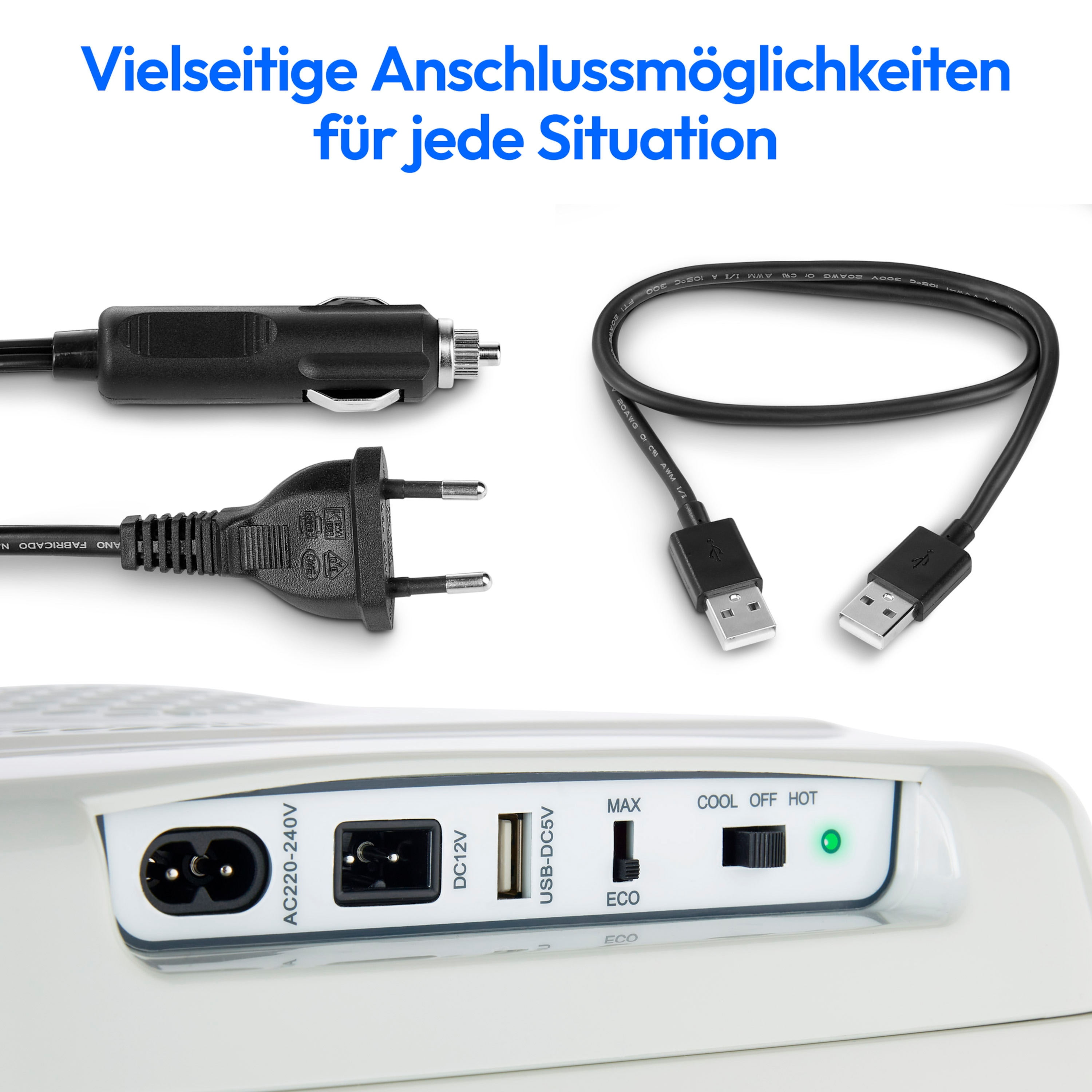 Verschiedene elektrische Stecker und USB-Kabel auf weißem Hintergrund. Bedienfeld unten.
