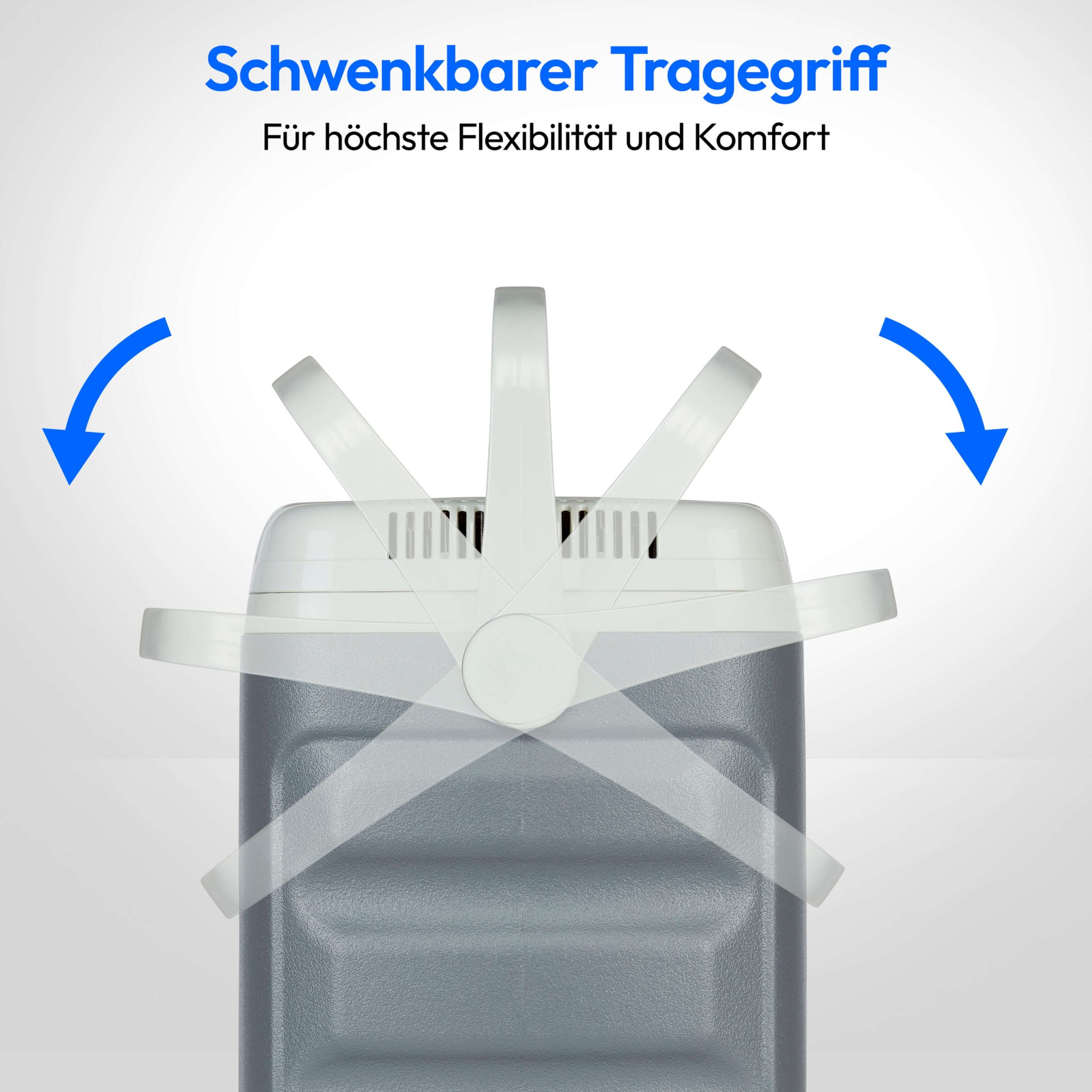 Eine tragbare Kühlbox mit drehbarem Griff, mit Pfeilen, die die Bewegung zeigen.