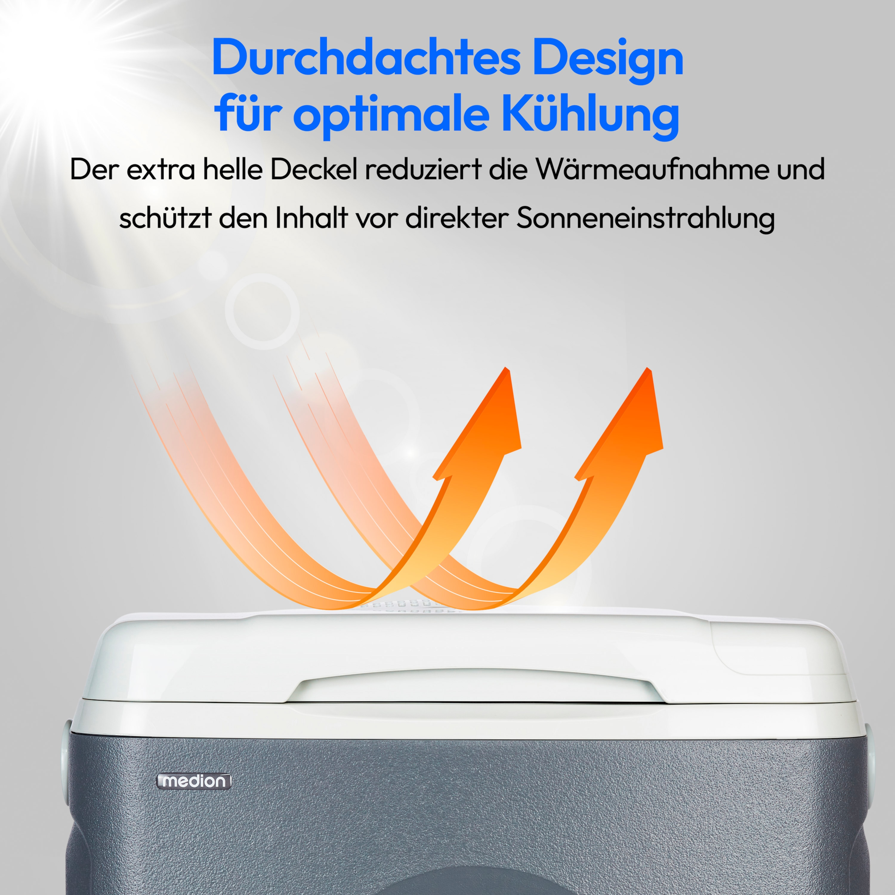 Weißer Kühler mit grauem Sockel, orangefarbene Pfeile, die auf das Kühlungsdesign hinweisen, und Text.