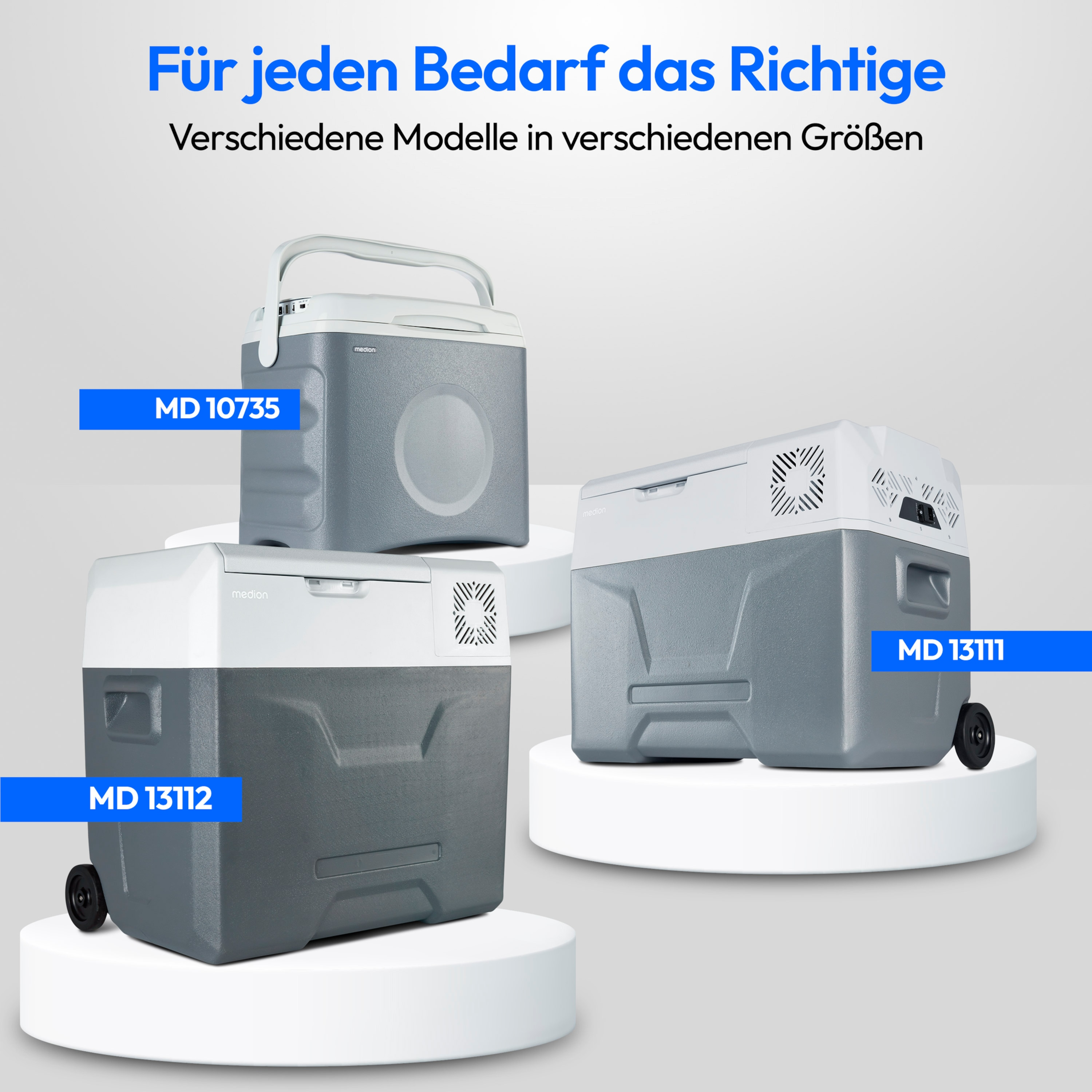 Drei Kühler mit Etiketten. Text: Für jeden Bedarf das Richtige. Verschiedene Modelle in verschiedenen Größen.