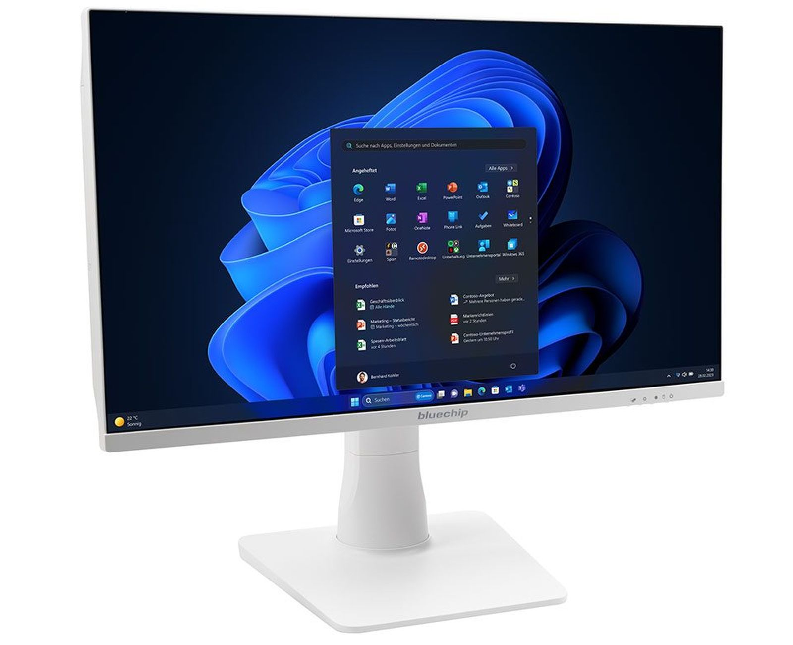 Biały monitor wyświetla interfejs Windows 11 z ikonami aplikacji na białym stojaku.