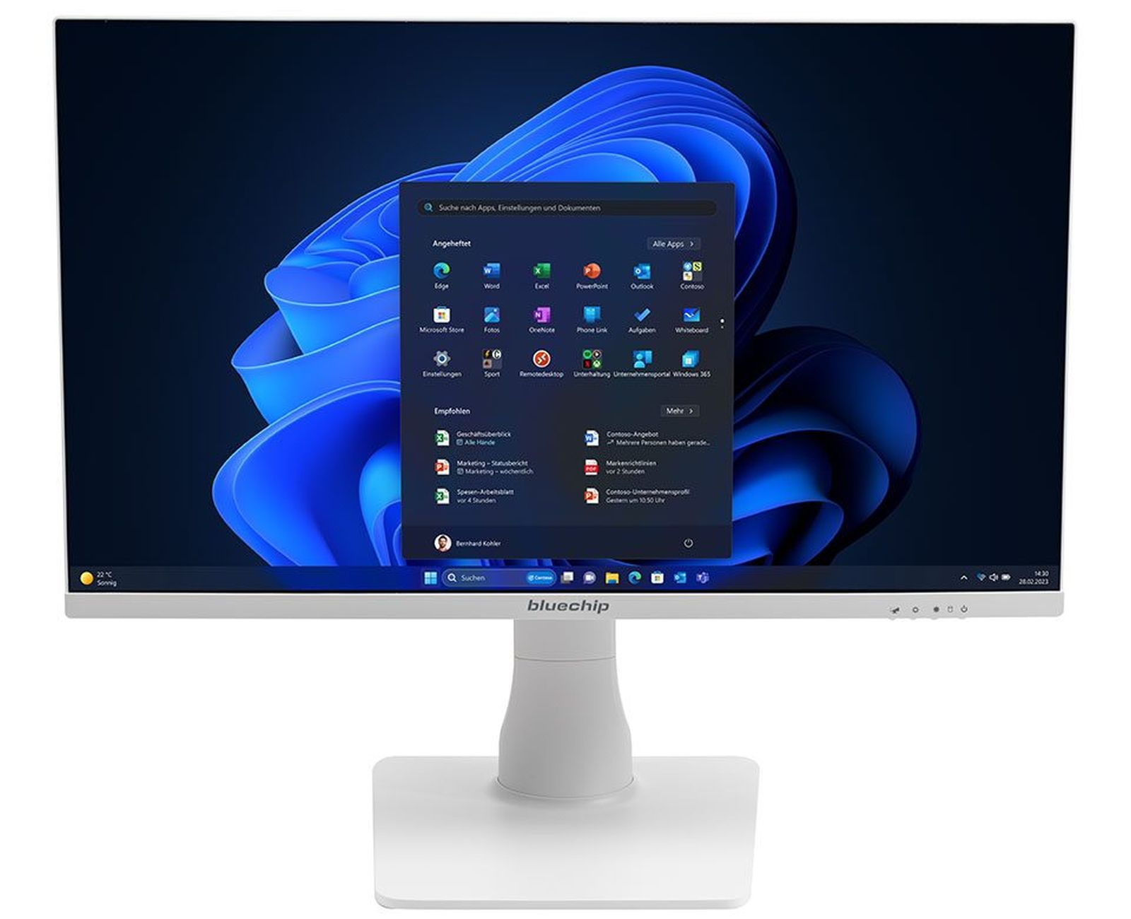 Biały monitor z interfejsem Windows 11 z ikonami aplikacji.