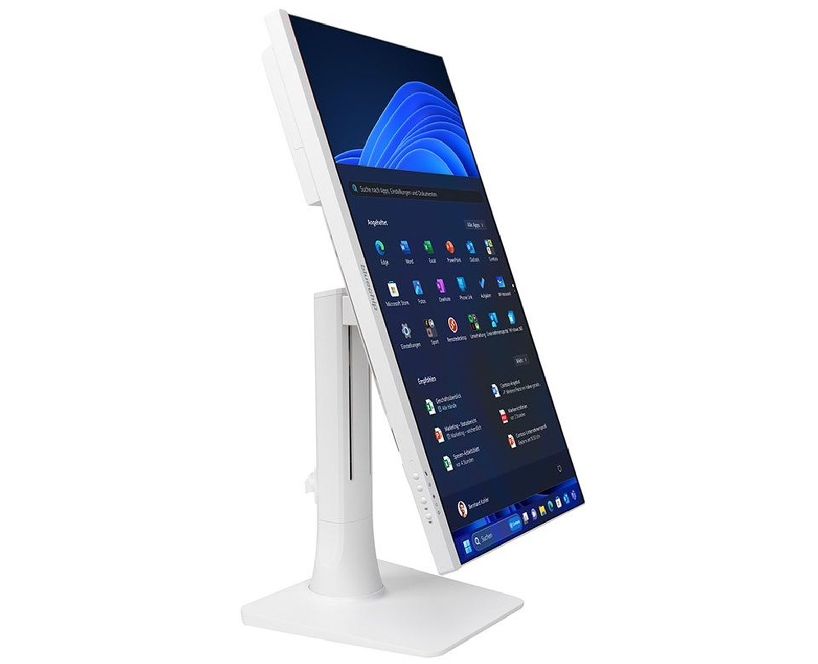 Biały monitor pod kątem na swoim stojaku. Ekran wyświetla interfejs Windows z ikonami aplikacji.